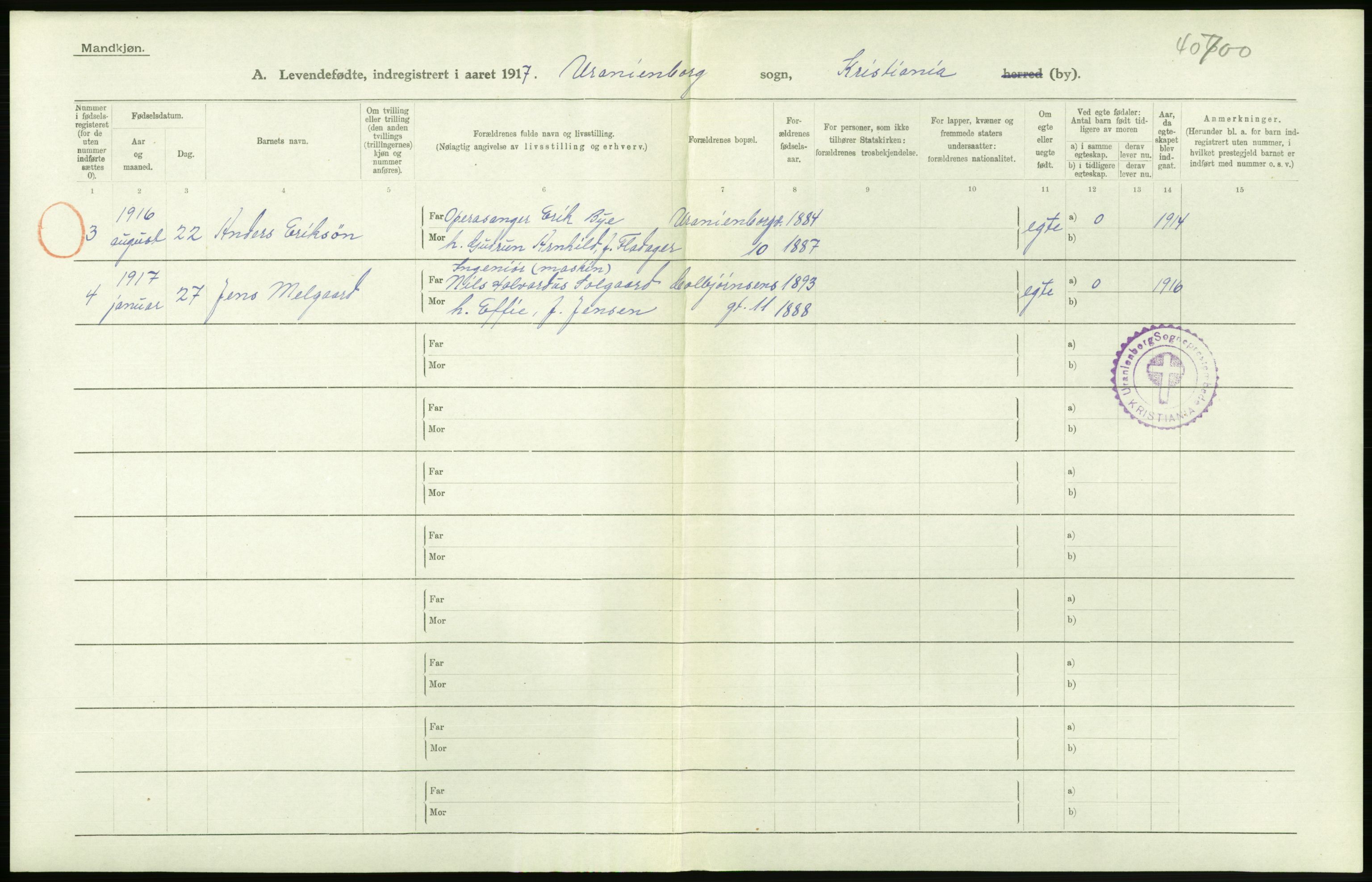 Statistisk sentralbyrå, Sosiodemografiske emner, Befolkning, AV/RA-S-2228/D/Df/Dfb/Dfbg/L0007: Kristiania: Levendefødte menn og kvinner., 1917, s. 282