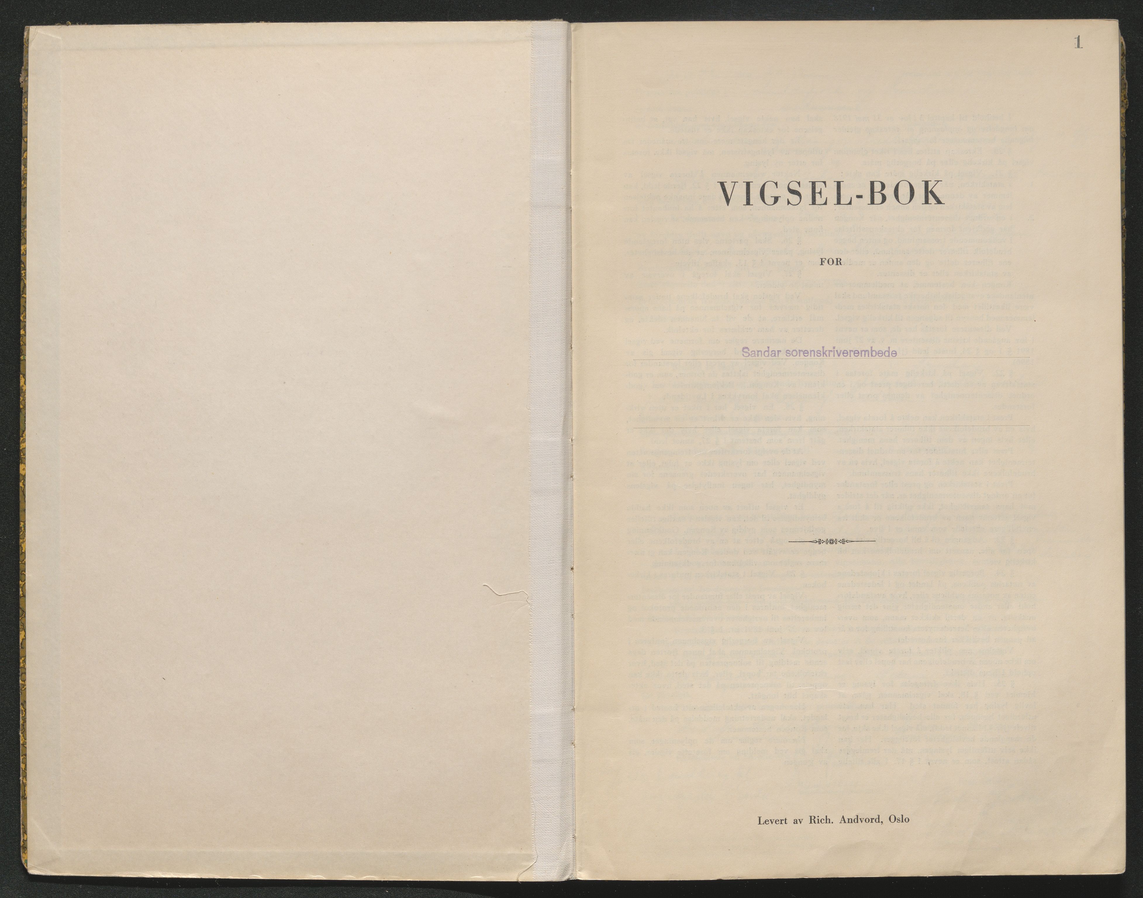 Sandar sorenskriveri, SAKO/A-86/L/Lb/L0002: Vigselselbok, 1942-1943, s. 1