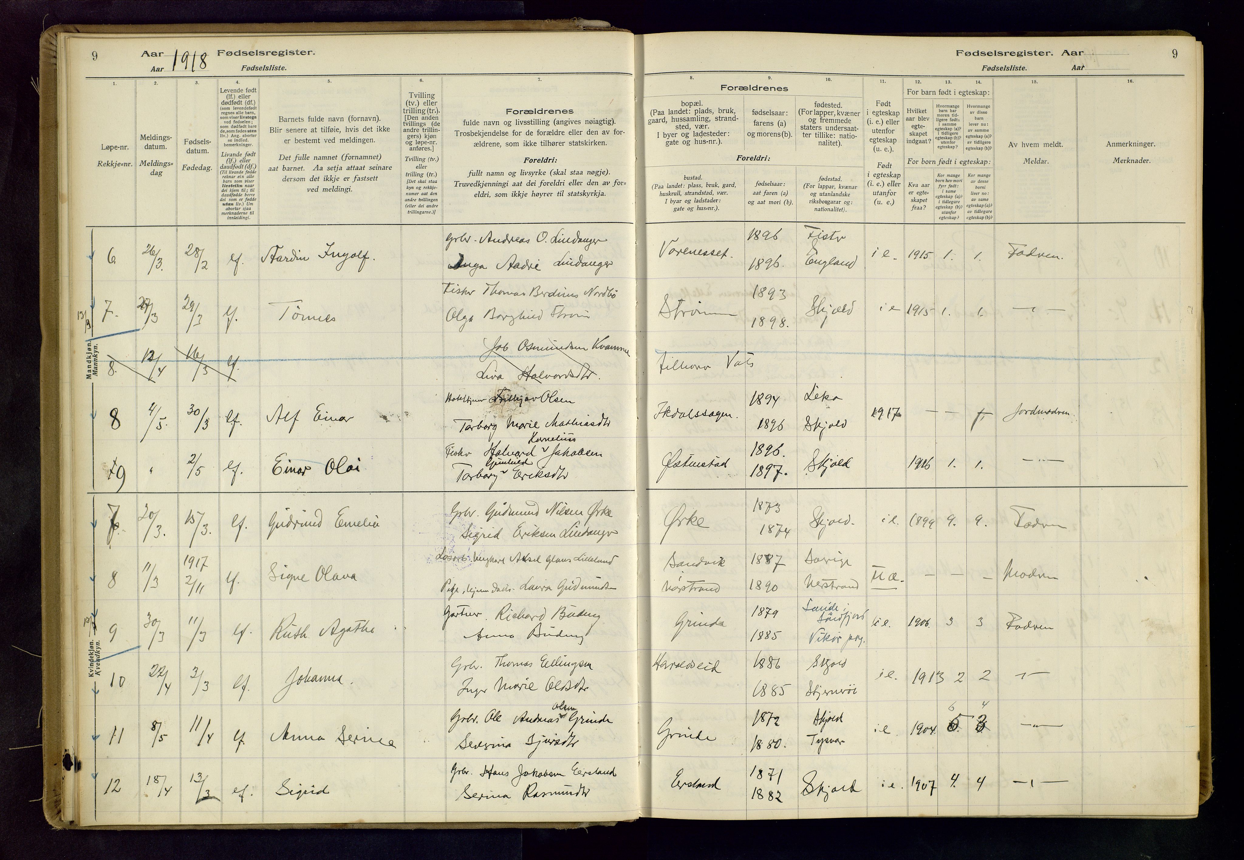 Skjold sokneprestkontor, SAST/A-101847/I/Id/L0001: Fødselsregister nr. 1, 1917-1951, s. 9