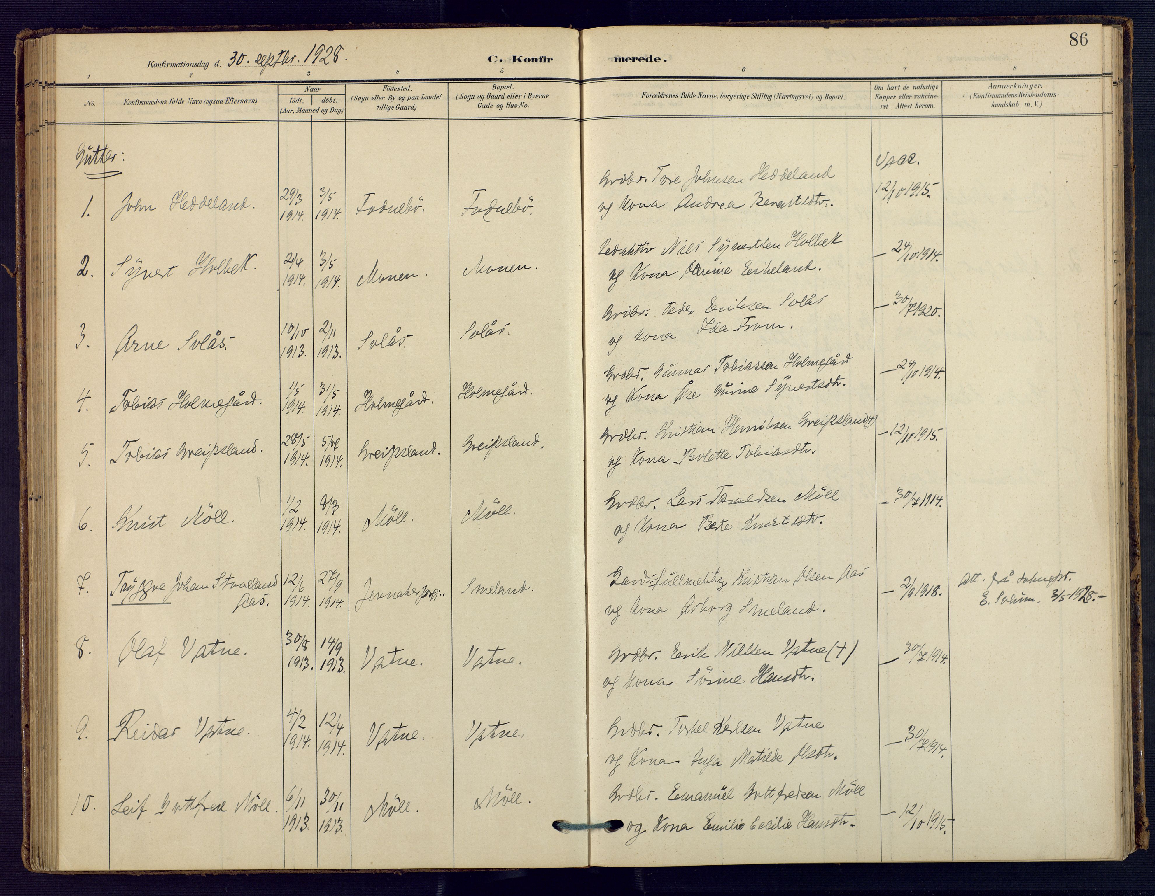 Holum sokneprestkontor, SAK/1111-0022/F/Fa/Faa/L0008: Ministerialbok nr. A 8, 1908-1929, s. 86