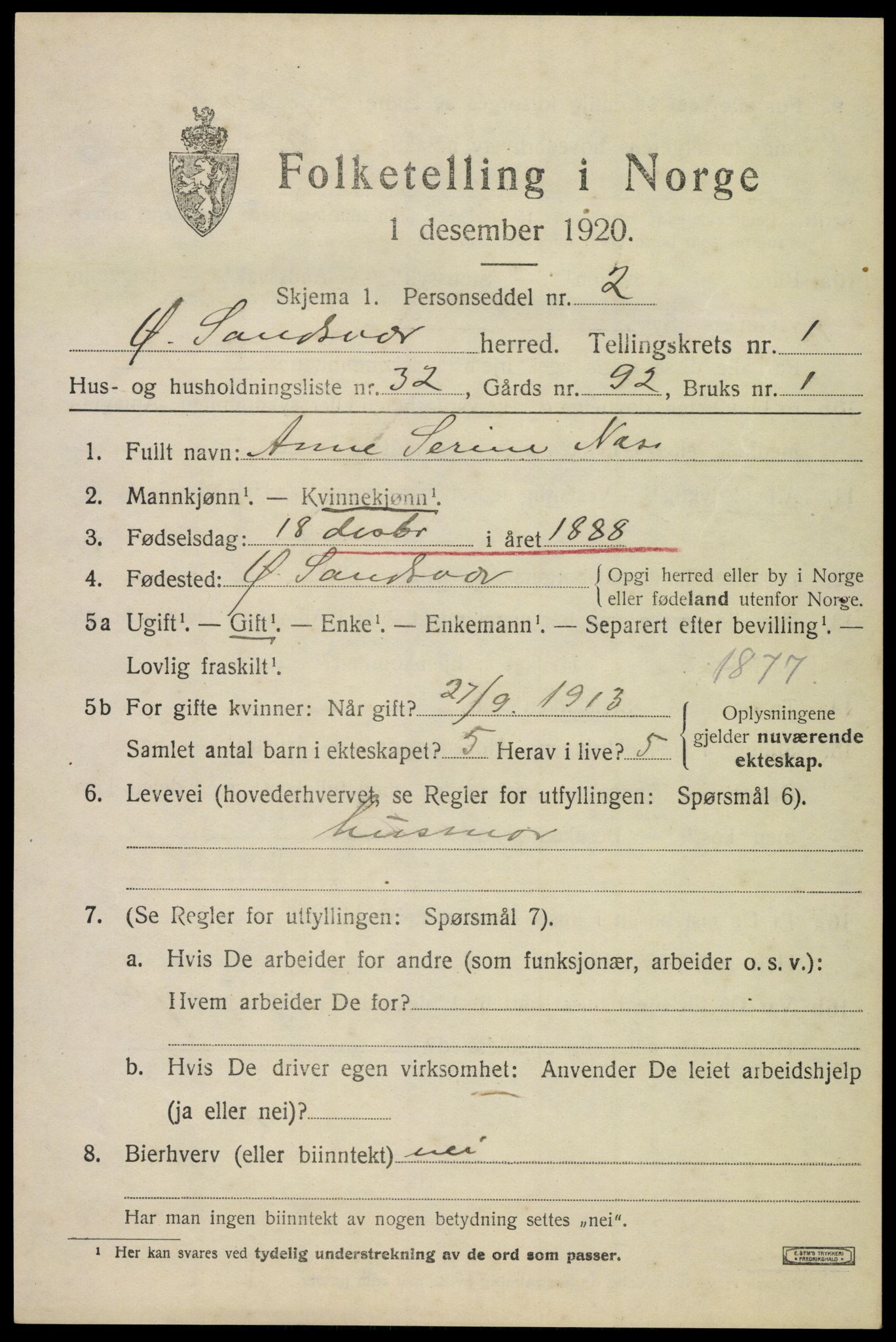 SAKO, Folketelling 1920 for 0630 Øvre Sandsvær herred, 1920, s. 1322