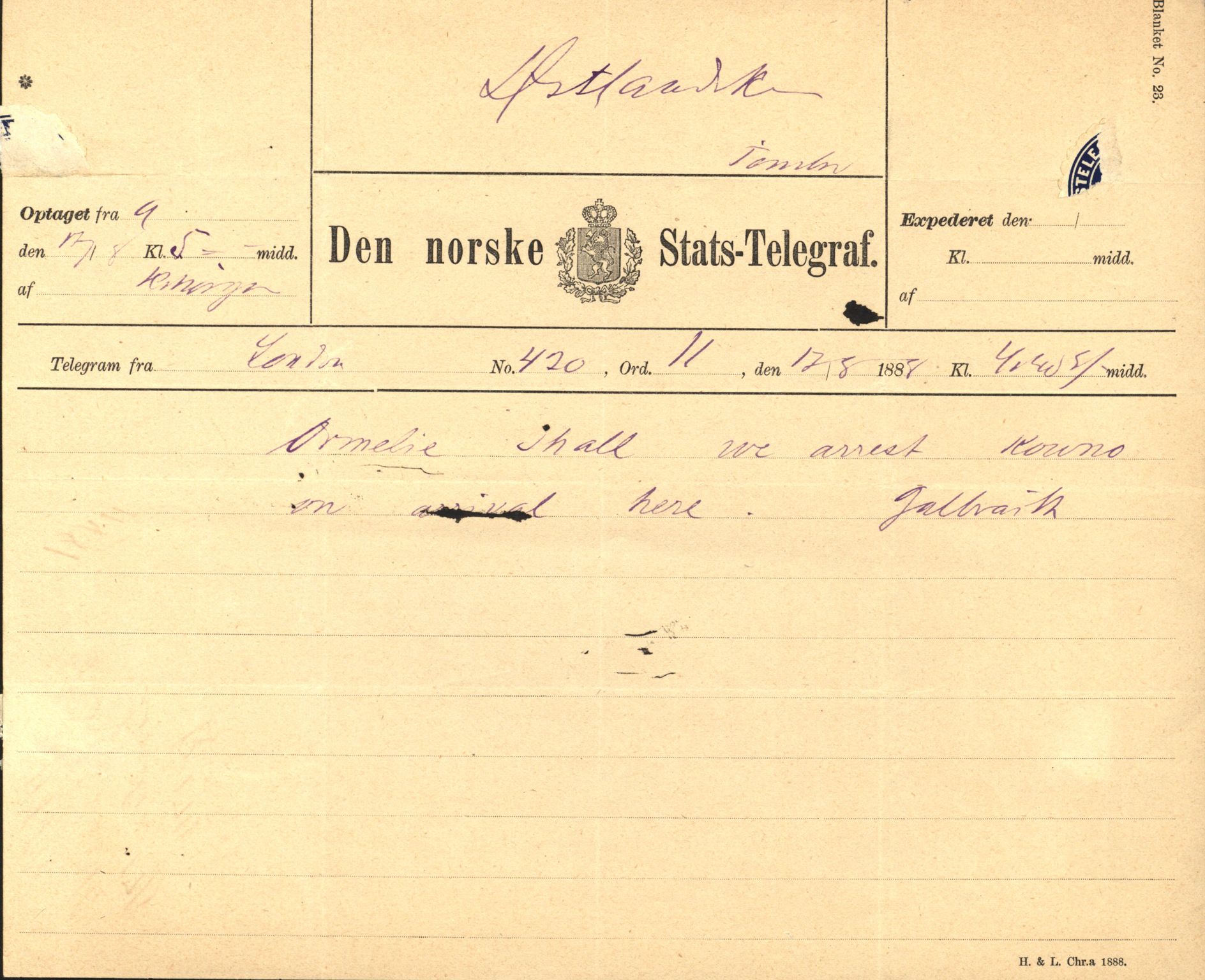 Pa 63 - Østlandske skibsassuranceforening, VEMU/A-1079/G/Ga/L0023/0005: Havaridokumenter / Ora Labora, Ormelie, 1888, s. 5