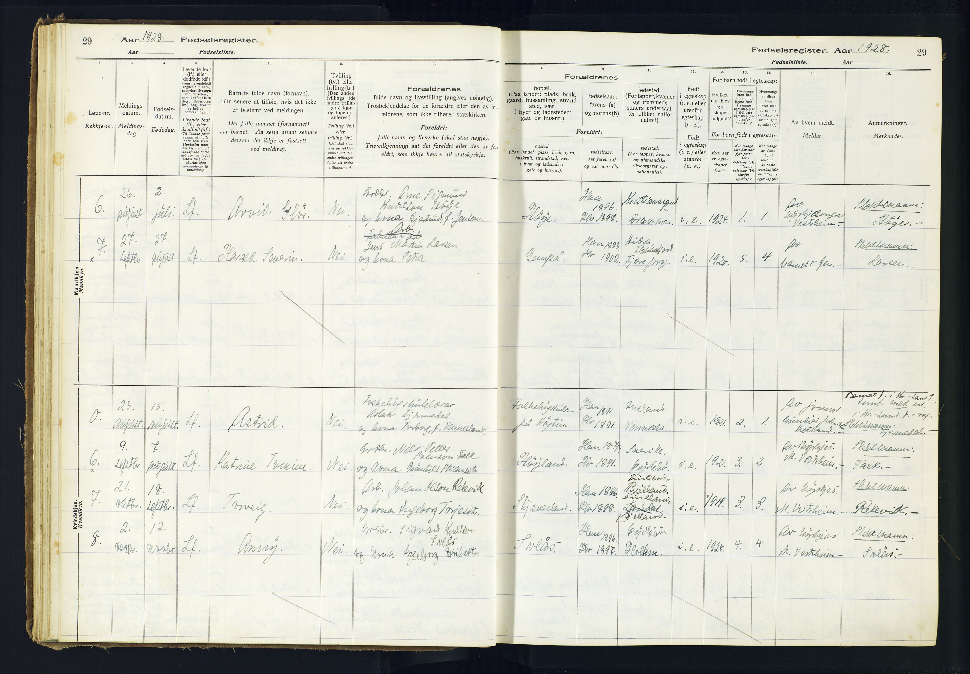 Holum sokneprestkontor, AV/SAK-1111-0022/J/Ja/L0002: Fødselsregister nr. II.6.11, 1916-1982, s. 29