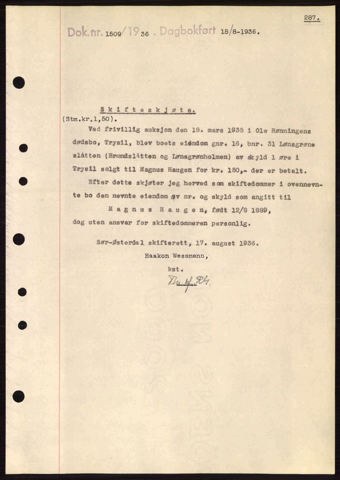 Sør-Østerdal sorenskriveri, SAH/TING-018/H/Hb/Hbb/L0054: Pantebok nr. A54, 1936-1936, Dagboknr: 1509/1936
