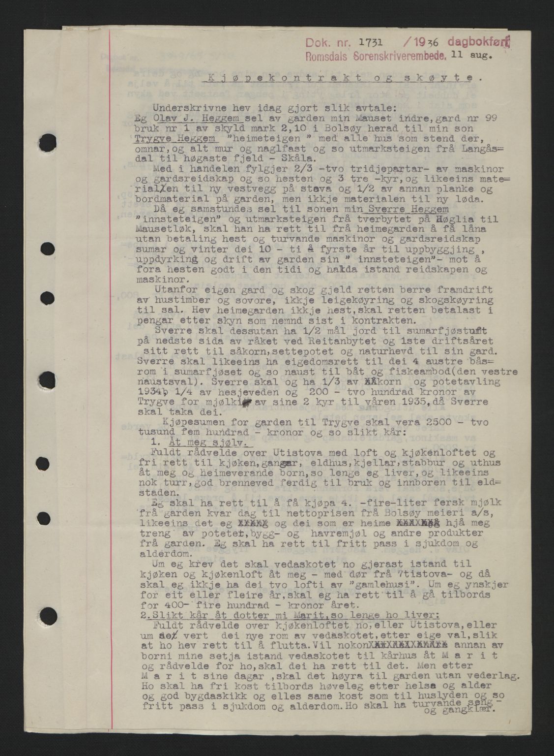 Romsdal sorenskriveri, SAT/A-4149/1/2/2C: Pantebok nr. A1, 1936-1936, Dagboknr: 1731/1936