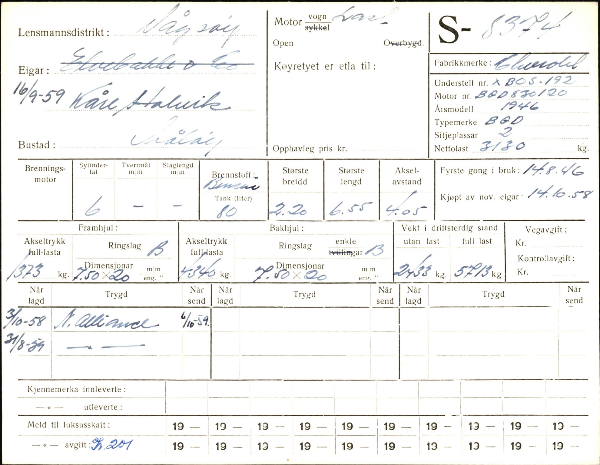 Statens vegvesen, Sogn og Fjordane vegkontor, AV/SAB-A-5301/4/F/L0006: Registerkort utmeldte Fjordane S8300-9500, 1930-1961, s. 116