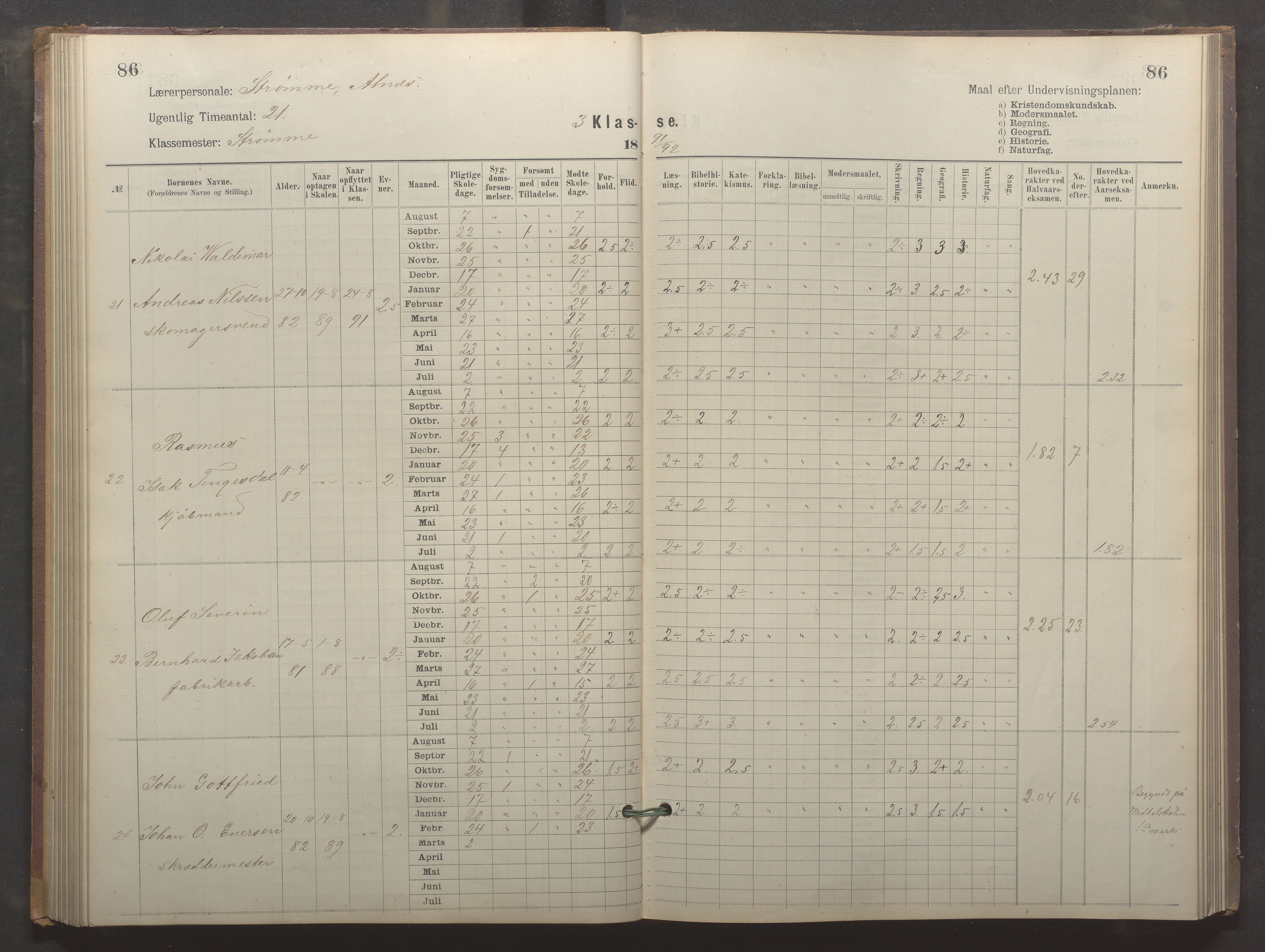 Egersund kommune (Ladested) - Egersund almueskole/folkeskole, IKAR/K-100521/H/L0024: Skoleprotokoll - Almueskolen, 3. klasse, 1887-1892, s. 86