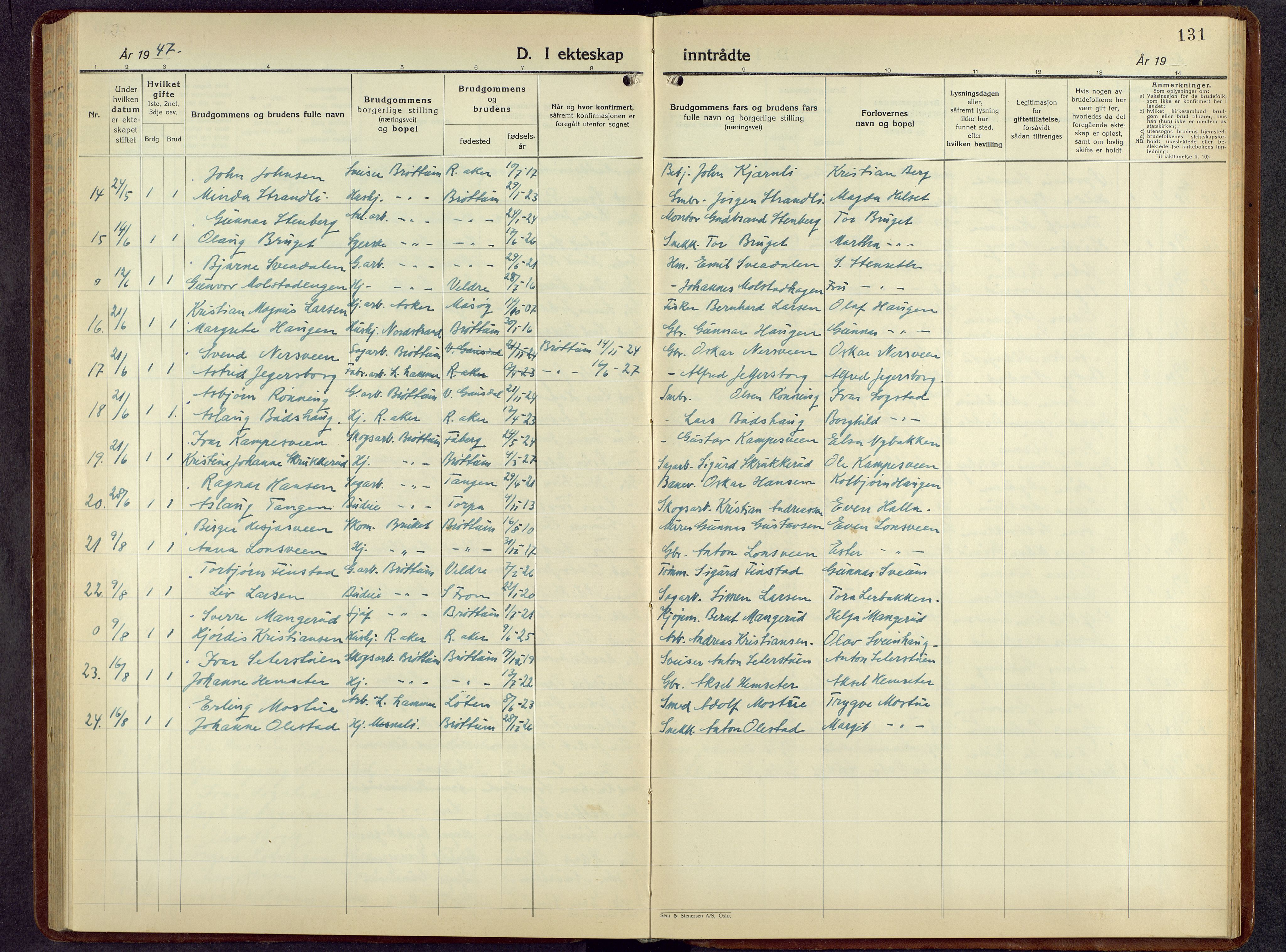 Brøttum prestekontor, AV/SAH-PREST-016/L/La/L0002: Klokkerbok nr. 2, 1940-1958, s. 131