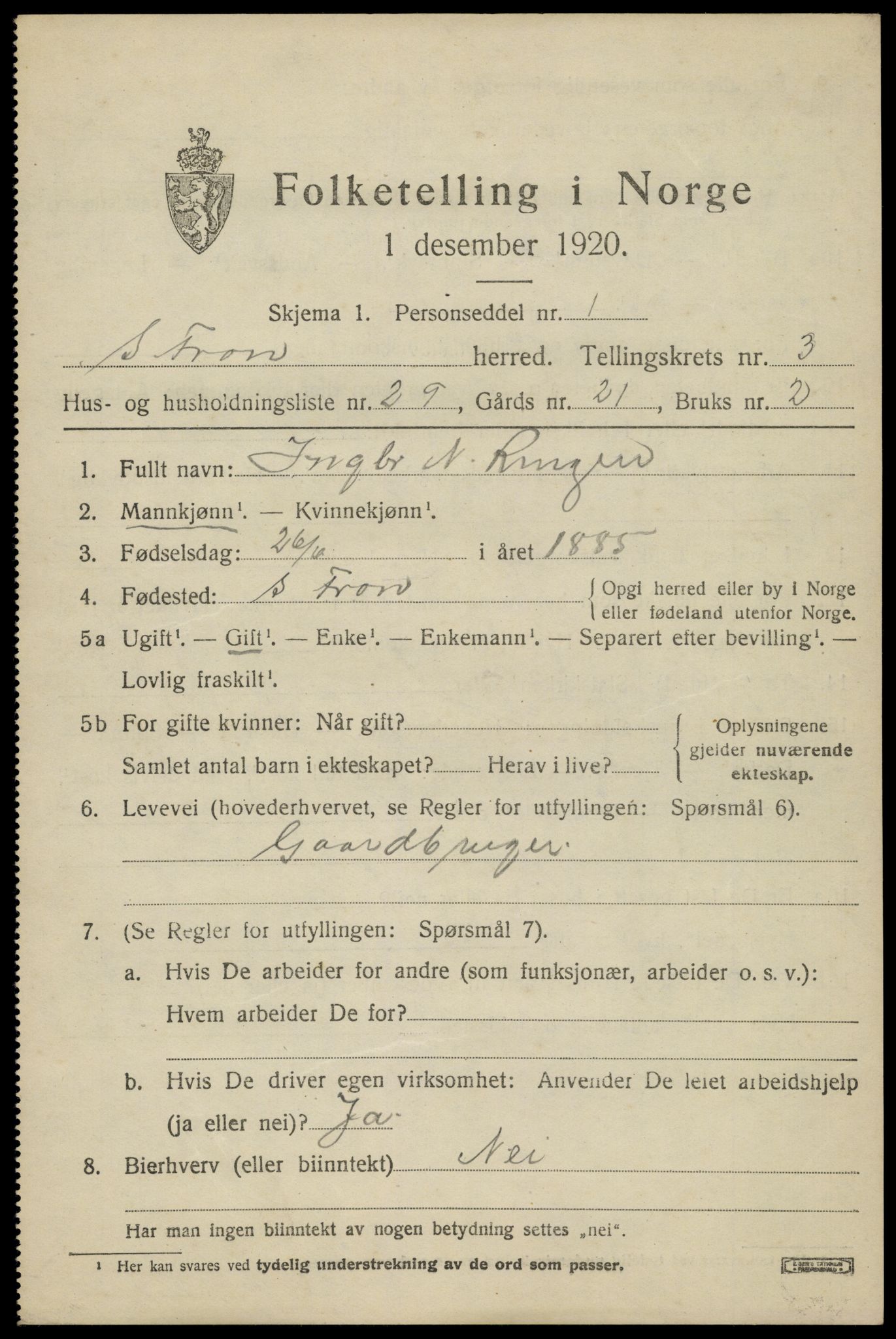 SAH, Folketelling 1920 for 0519 Sør-Fron herred, 1920, s. 3751