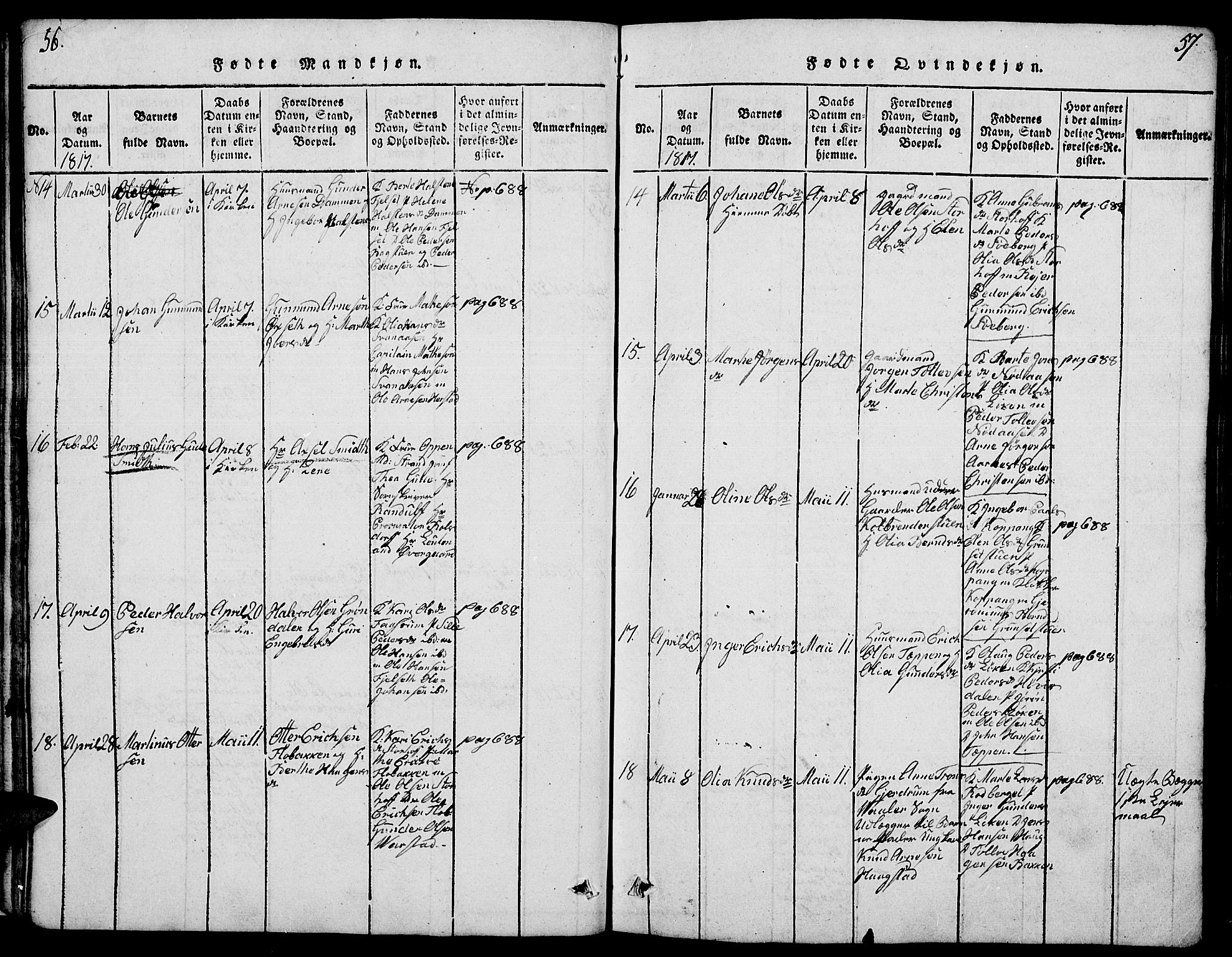 Elverum prestekontor, AV/SAH-PREST-044/H/Ha/Hab/L0001: Klokkerbok nr. 1, 1815-1829, s. 56-57