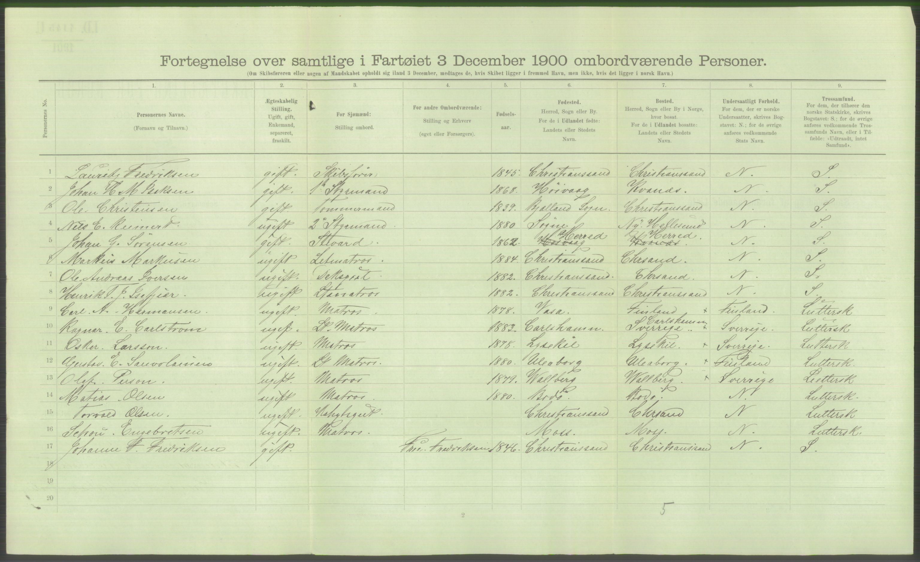 RA, Folketelling 1900 - skipslister med personlister for skip i norske havner, utenlandske havner og til havs, 1900, s. 5056