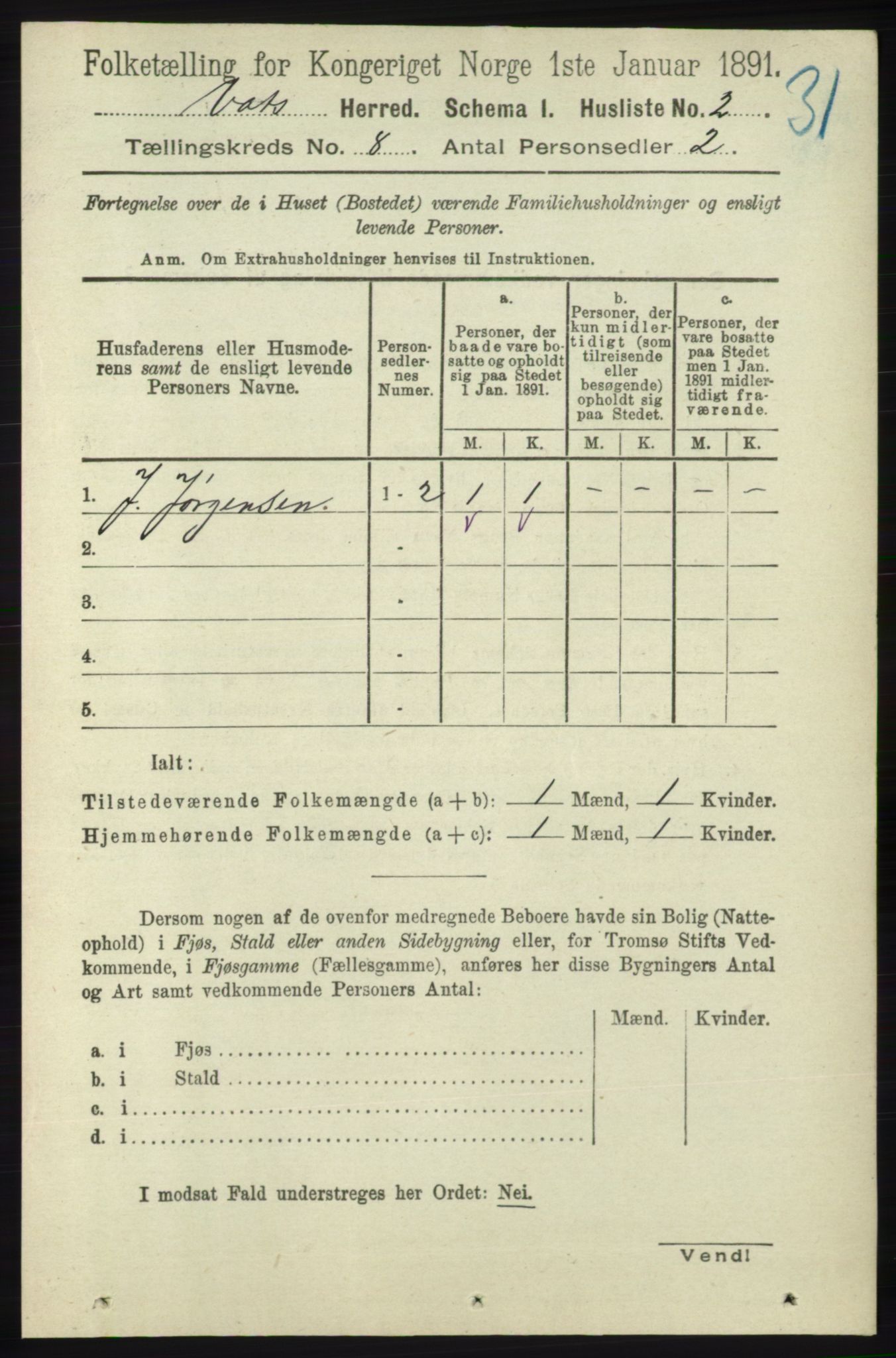 RA, Folketelling 1891 for 1155 Vats herred, 1891, s. 1302