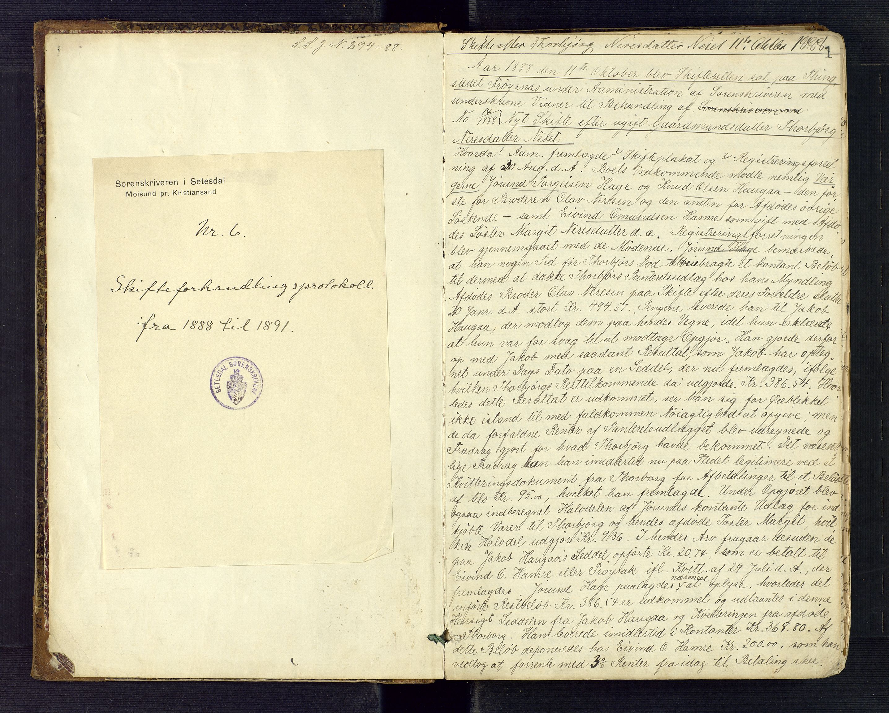 Setesdal sorenskriveri, SAK/1221-0011/H/Hc/L0034: Skifteforhandlingsprotokoll nr 6, 1888-1891, s. 1
