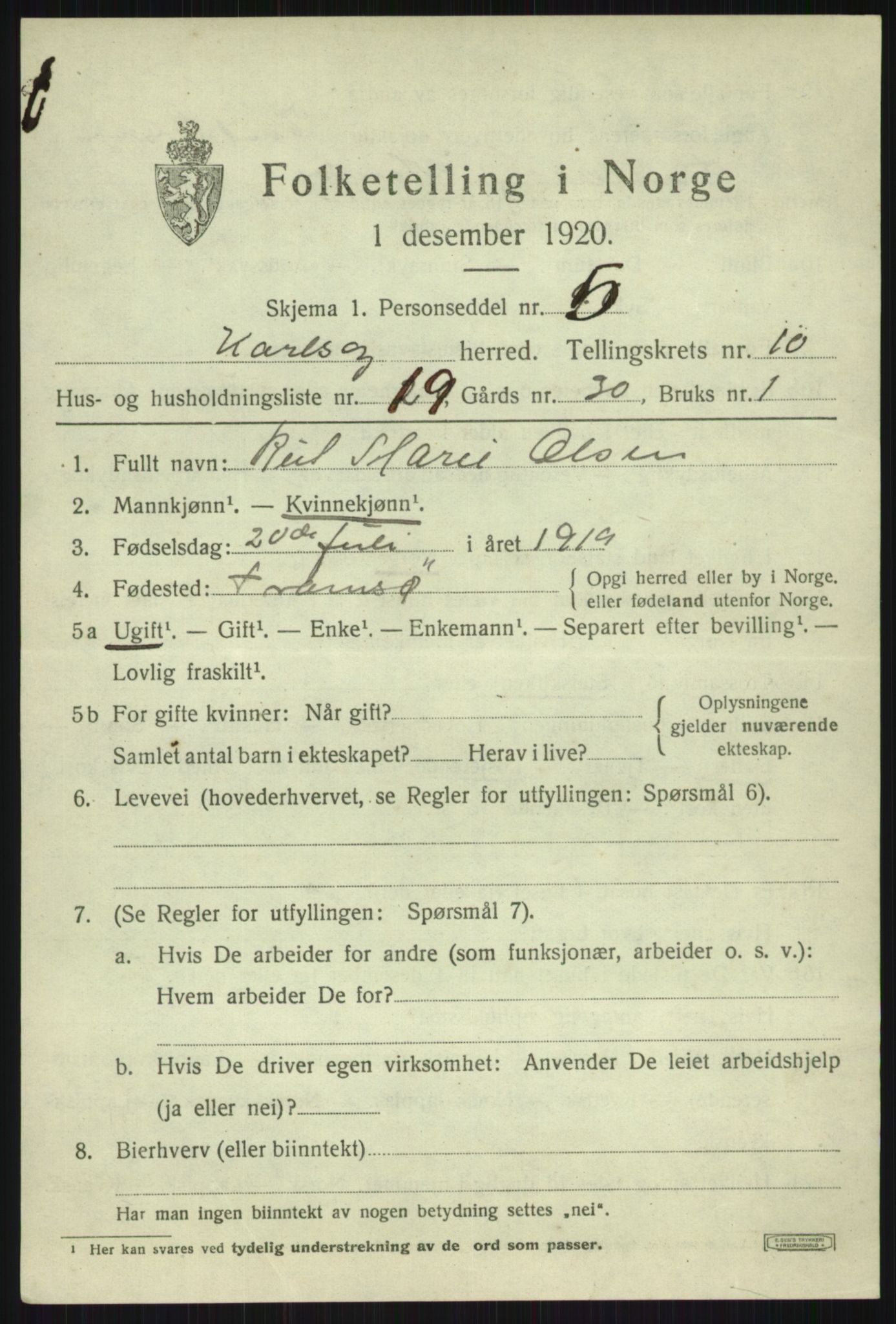 SATØ, Folketelling 1920 for 1936 Karlsøy herred, 1920, s. 3975