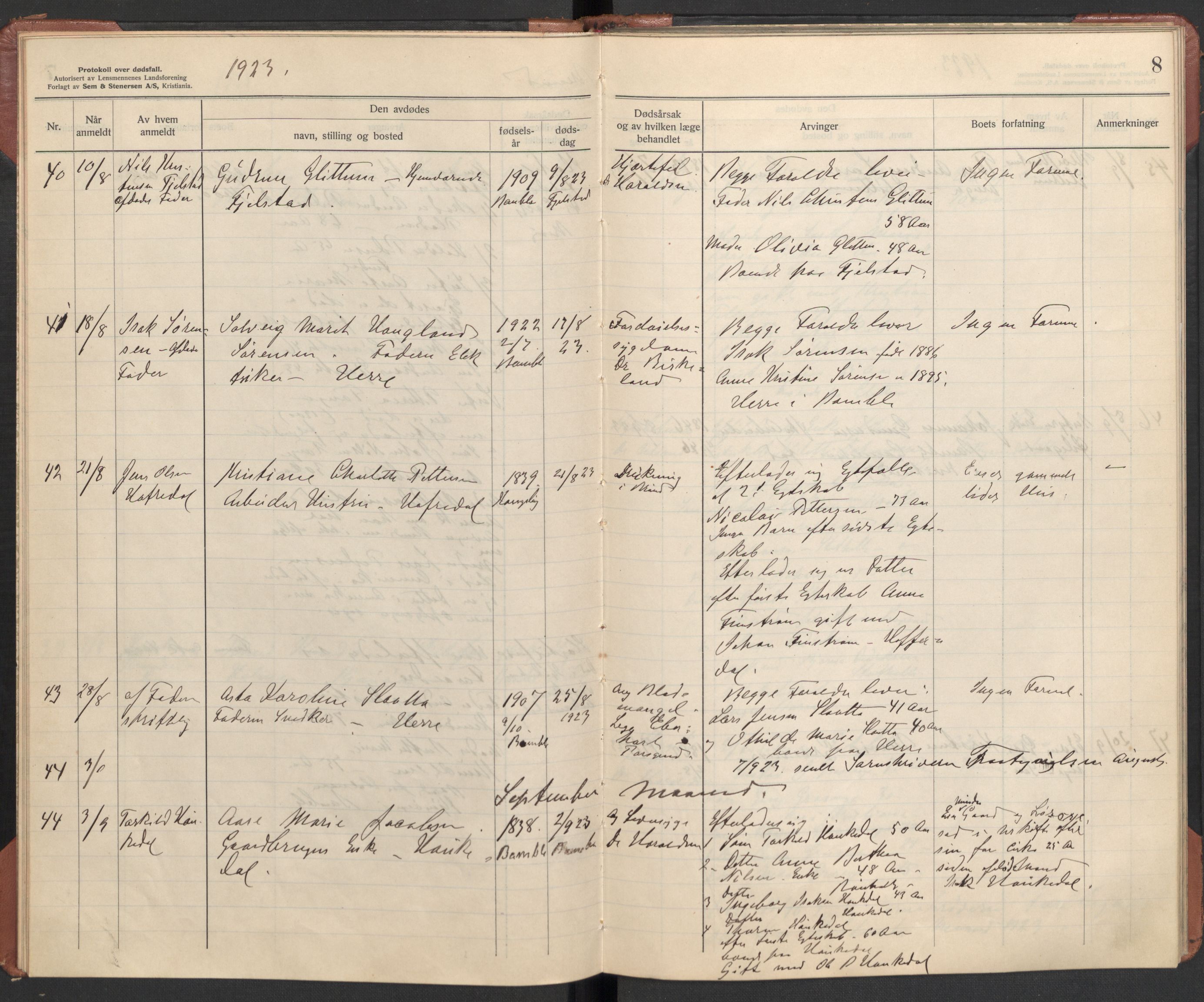 Bamble lensmannskontor, AV/SAKO-A-552/H/Ha/Haa/L0004: Dødsfallsprotokoll, 1923-1926, s. 8