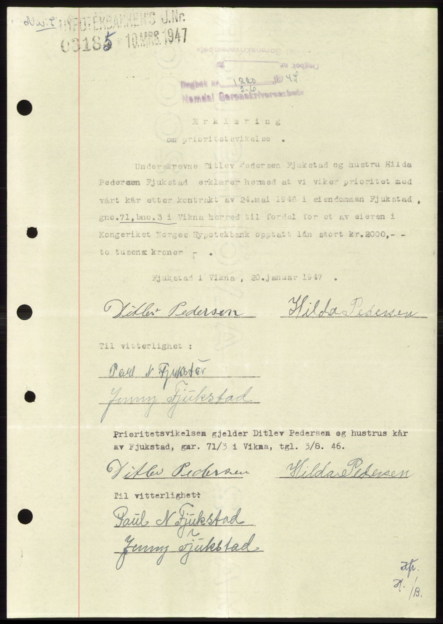 Namdal sorenskriveri, SAT/A-4133/1/2/2C: Pantebok nr. -, 1947-1947, Dagboknr: 1220/1947