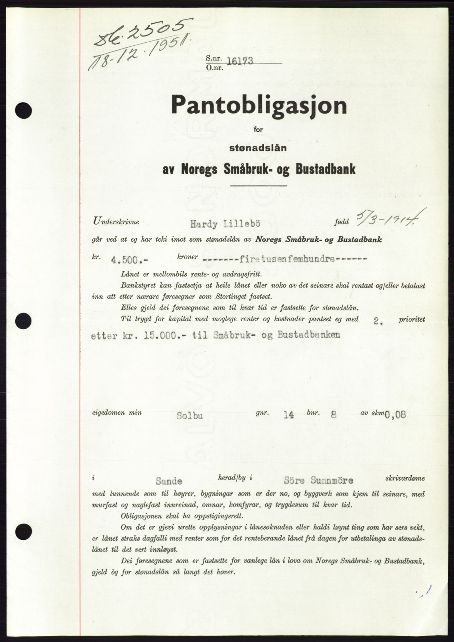 Søre Sunnmøre sorenskriveri, AV/SAT-A-4122/1/2/2C/L0121: Pantebok nr. 9B, 1951-1952, Dagboknr: 2505/1951