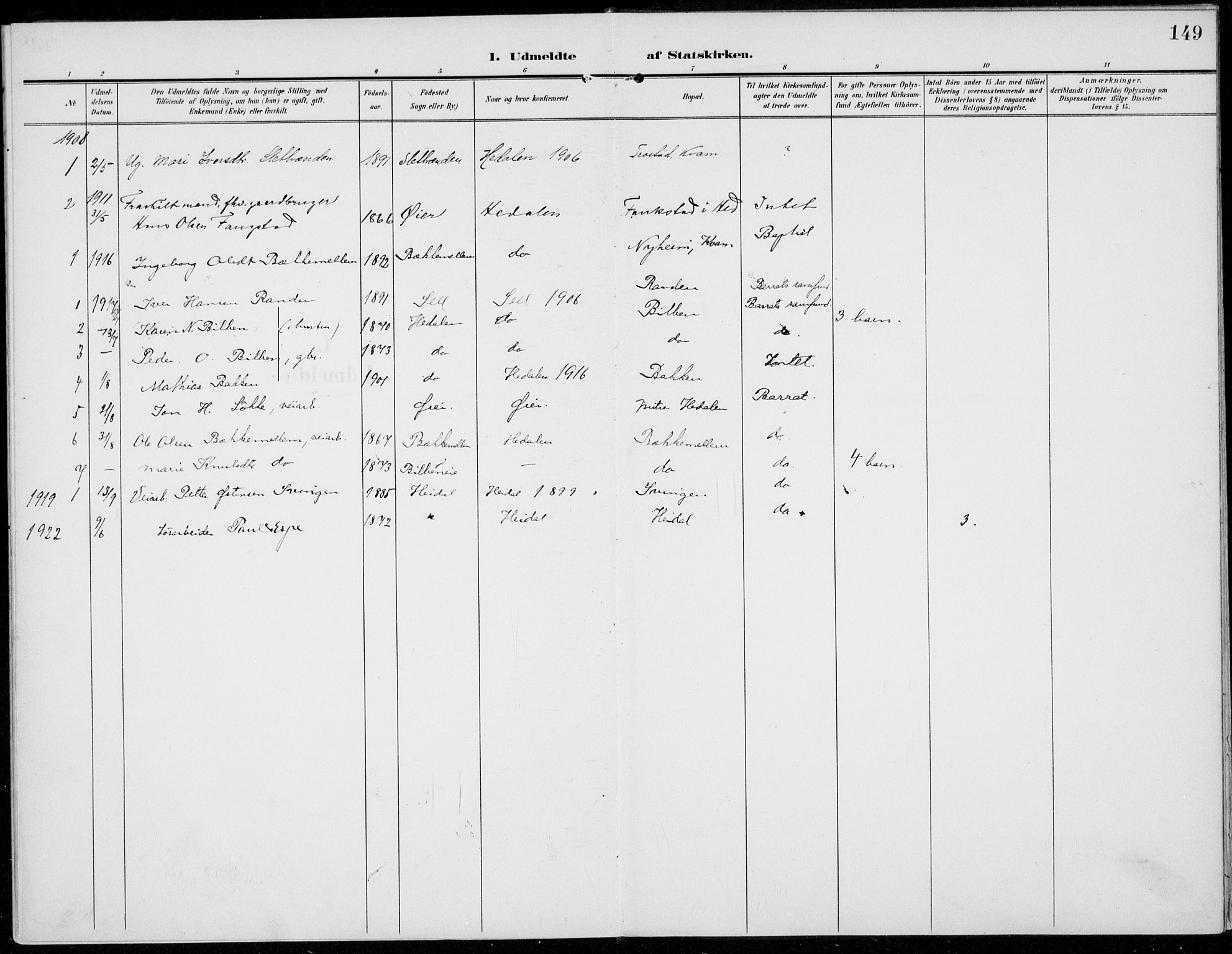 Sel prestekontor, SAH/PREST-074/H/Ha/Haa/L0001: Ministerialbok nr. 1, 1905-1922, s. 149