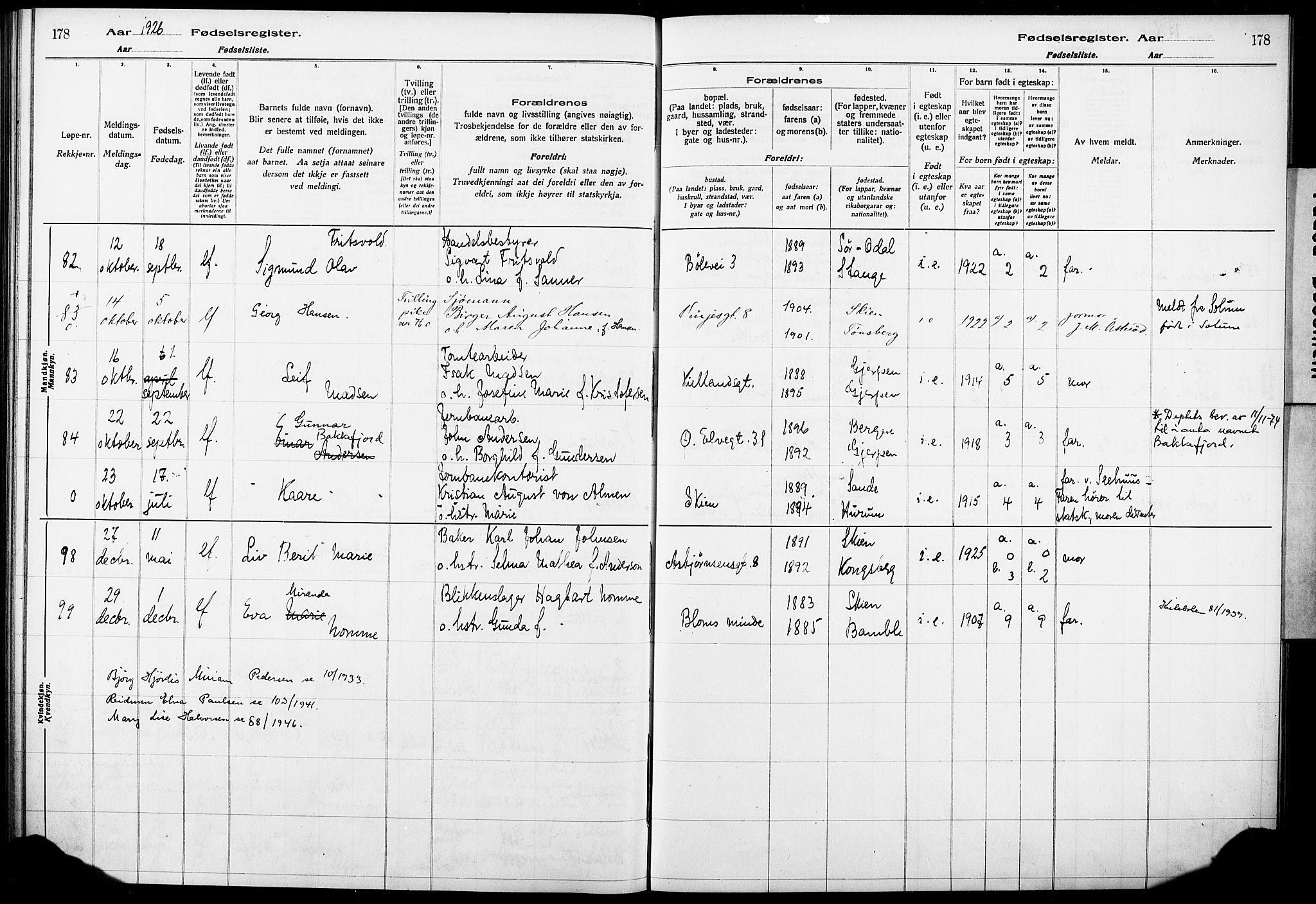 Skien kirkebøker, AV/SAKO-A-302/J/Ja/L0002: Fødselsregister nr. 2, 1921-1927, s. 178