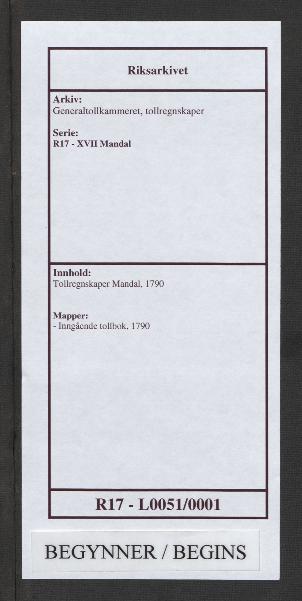 Generaltollkammeret, tollregnskaper, RA/EA-5490/R17/L0051/0001: Tollregnskaper Mandal / Inngående tollbok, 1790