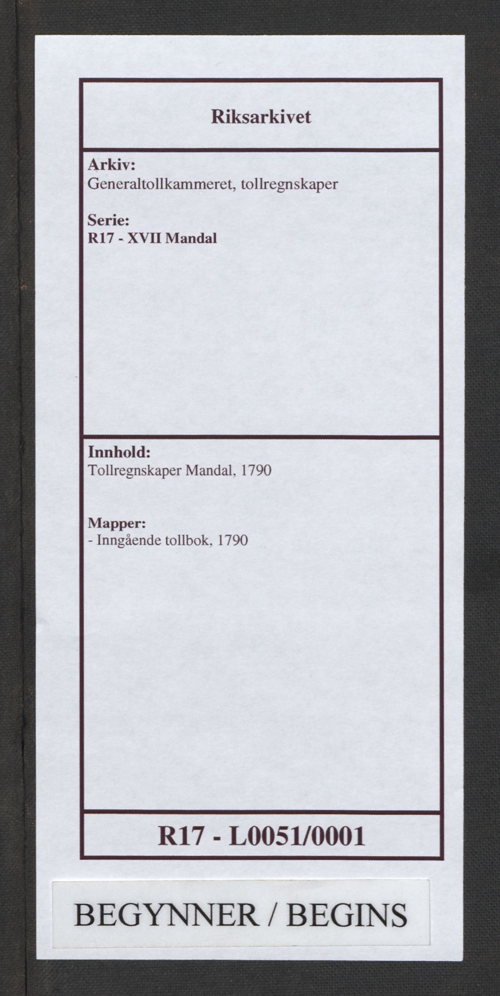 Generaltollkammeret, tollregnskaper, AV/RA-EA-5490/R17/L0051/0001: Tollregnskaper Mandal / Inngående tollbok, 1790