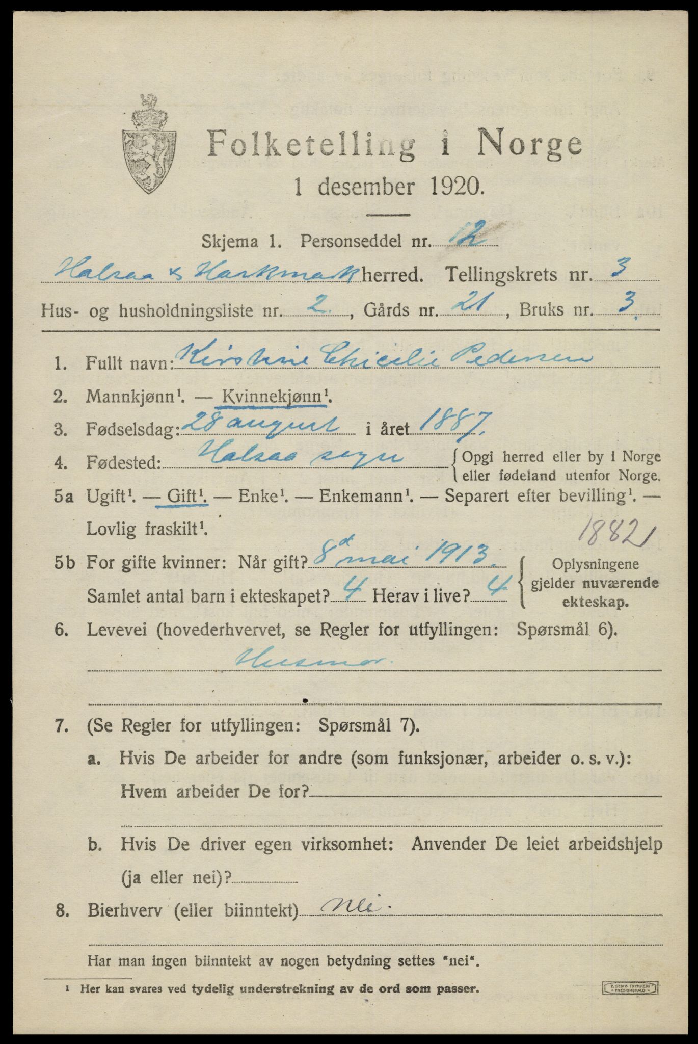 SAK, Folketelling 1920 for 1019 Halse og Harkmark herred, 1920, s. 2427