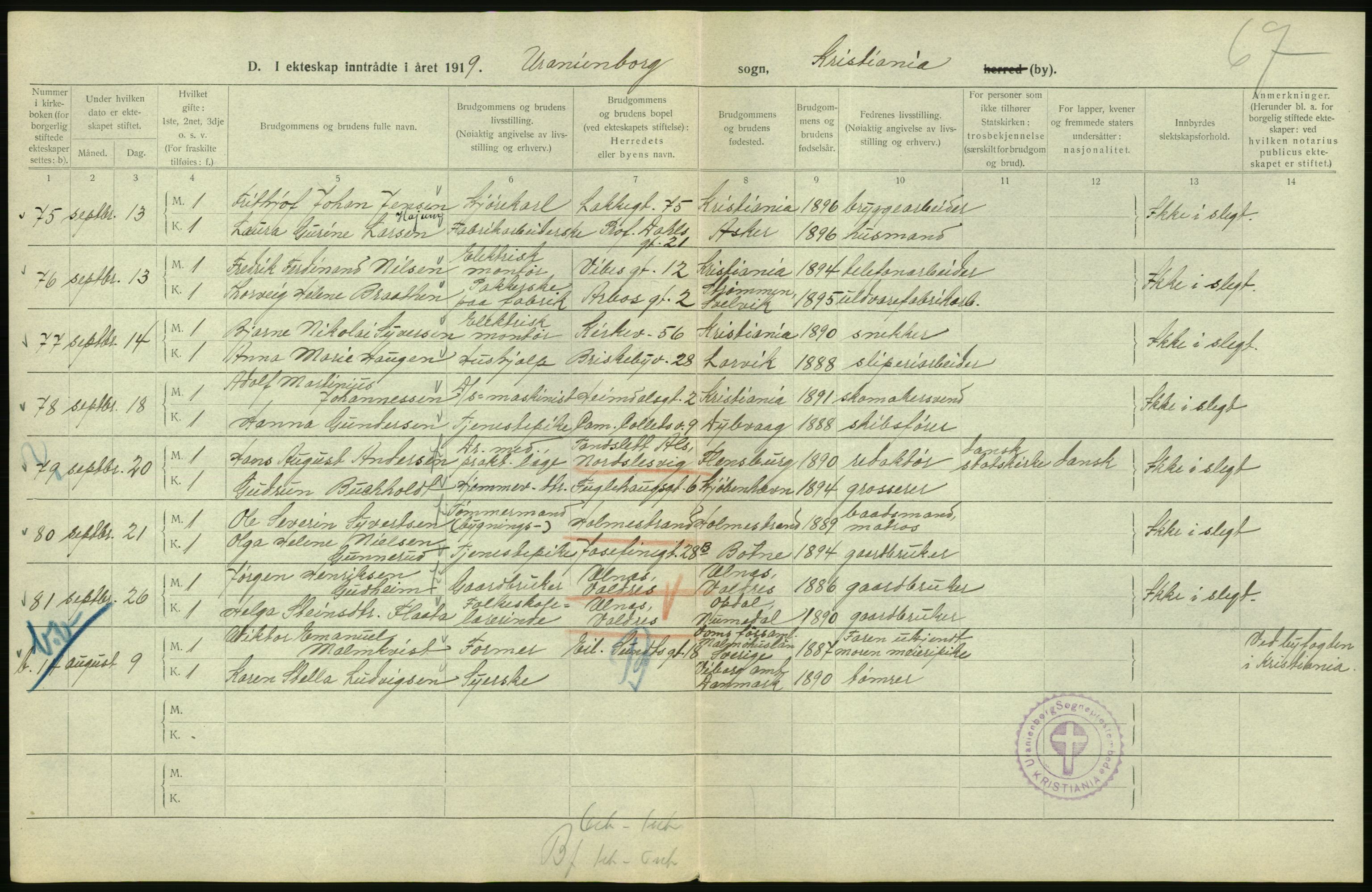 Statistisk sentralbyrå, Sosiodemografiske emner, Befolkning, AV/RA-S-2228/D/Df/Dfb/Dfbi/L0009: Kristiania: Gifte, 1919, s. 226