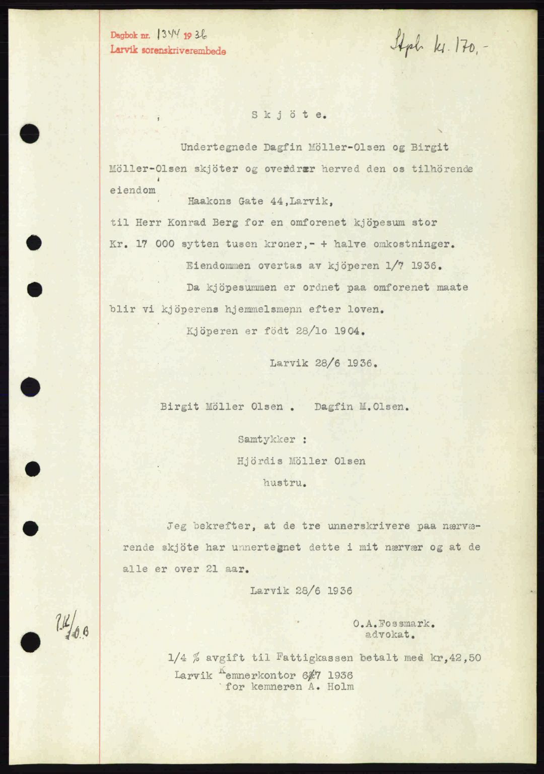 Larvik sorenskriveri, SAKO/A-83/G/Ga/Gab/L0067: Pantebok nr. A-1, 1936-1937, Dagboknr: 1344/1936