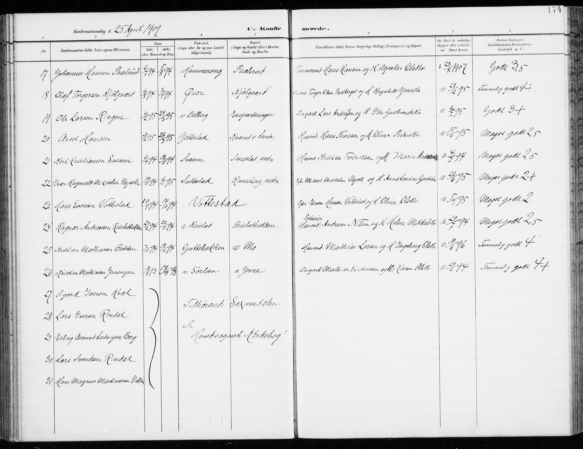 Fåberg prestekontor, AV/SAH-PREST-086/H/Ha/Haa/L0011: Ministerialbok nr. 11, 1899-1913, s. 174