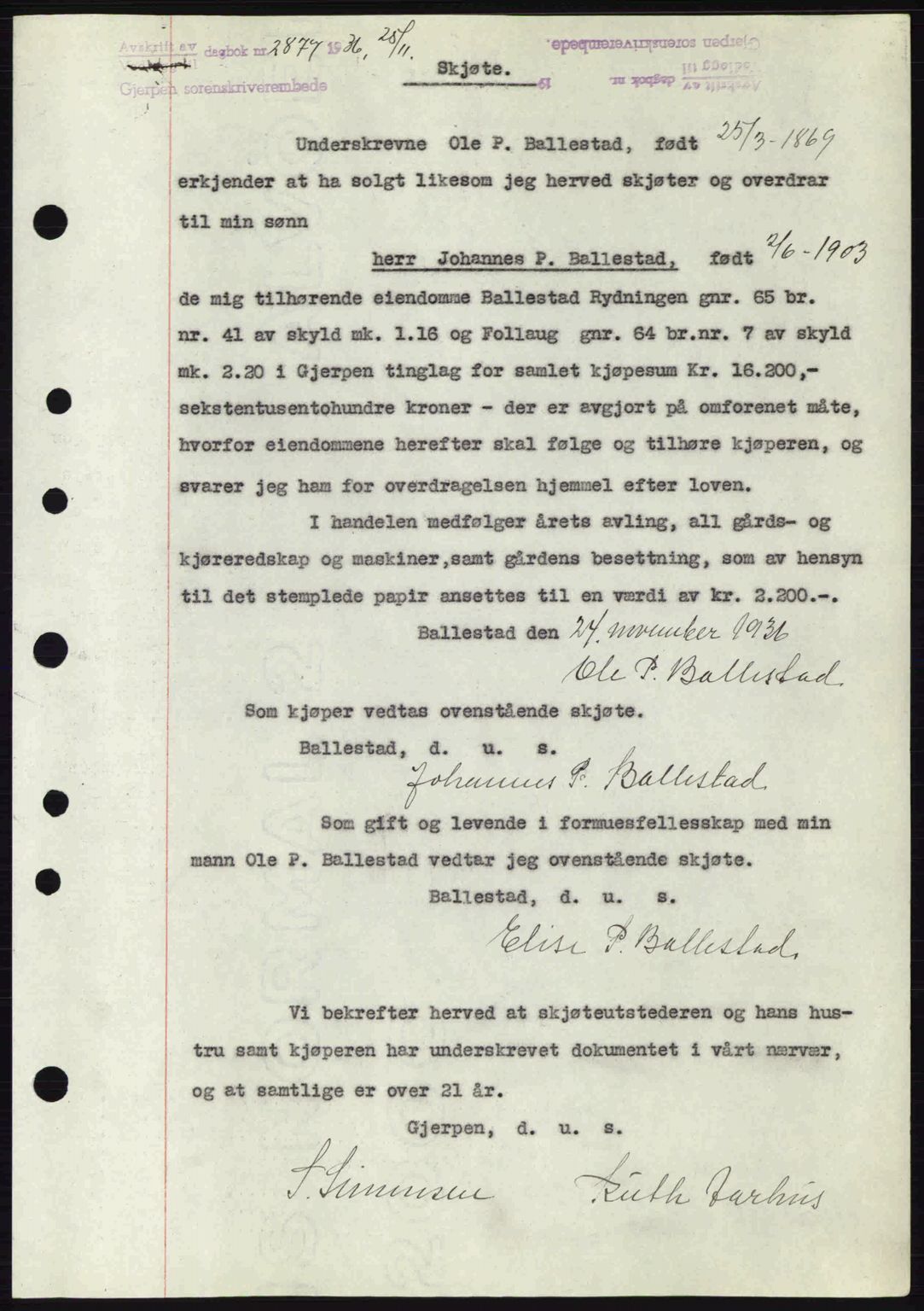 Gjerpen sorenskriveri, SAKO/A-216/G/Ga/Gae/L0067: Pantebok nr. A-66 - A-68, 1936-1937, Dagboknr: 2877/1936