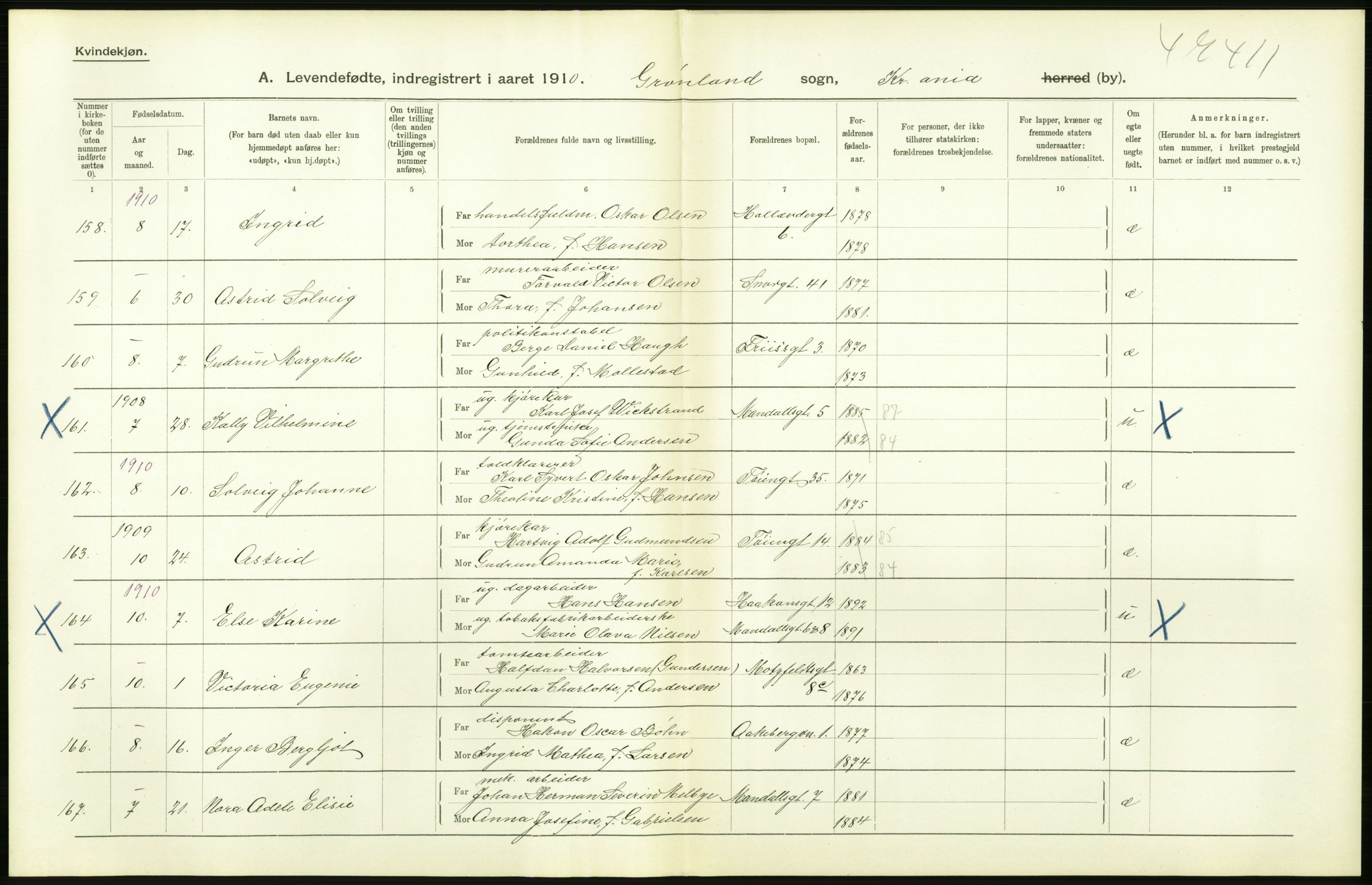 Statistisk sentralbyrå, Sosiodemografiske emner, Befolkning, RA/S-2228/D/Df/Dfa/Dfah/L0007: Kristiania: Levendefødte kvinner., 1910, s. 456