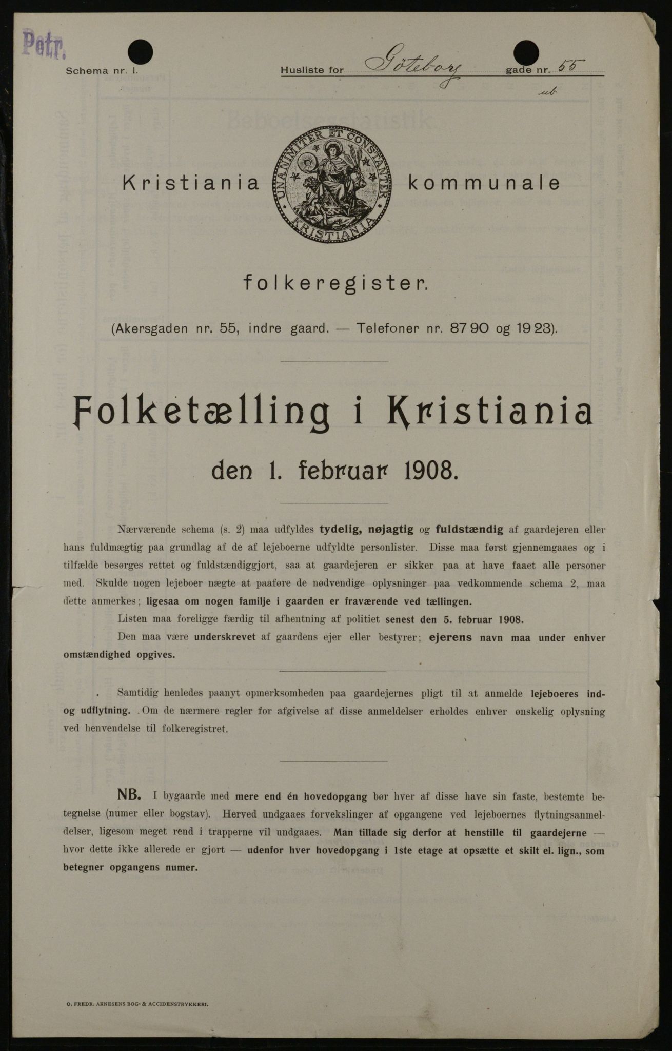 OBA, Kommunal folketelling 1.2.1908 for Kristiania kjøpstad, 1908, s. 30098