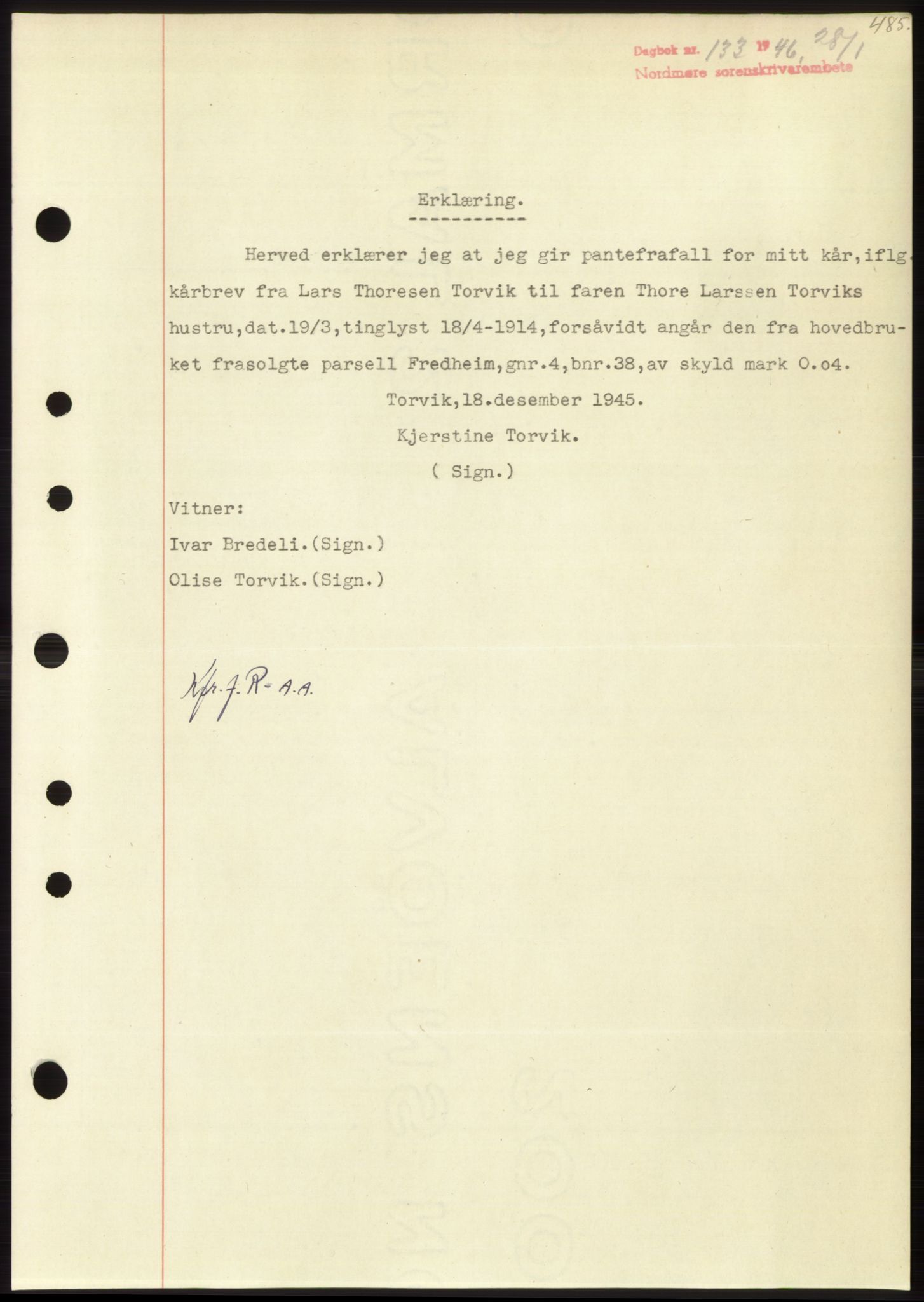 Nordmøre sorenskriveri, SAT/A-4132/1/2/2Ca: Pantebok nr. B93b, 1946-1946, Dagboknr: 133/1946