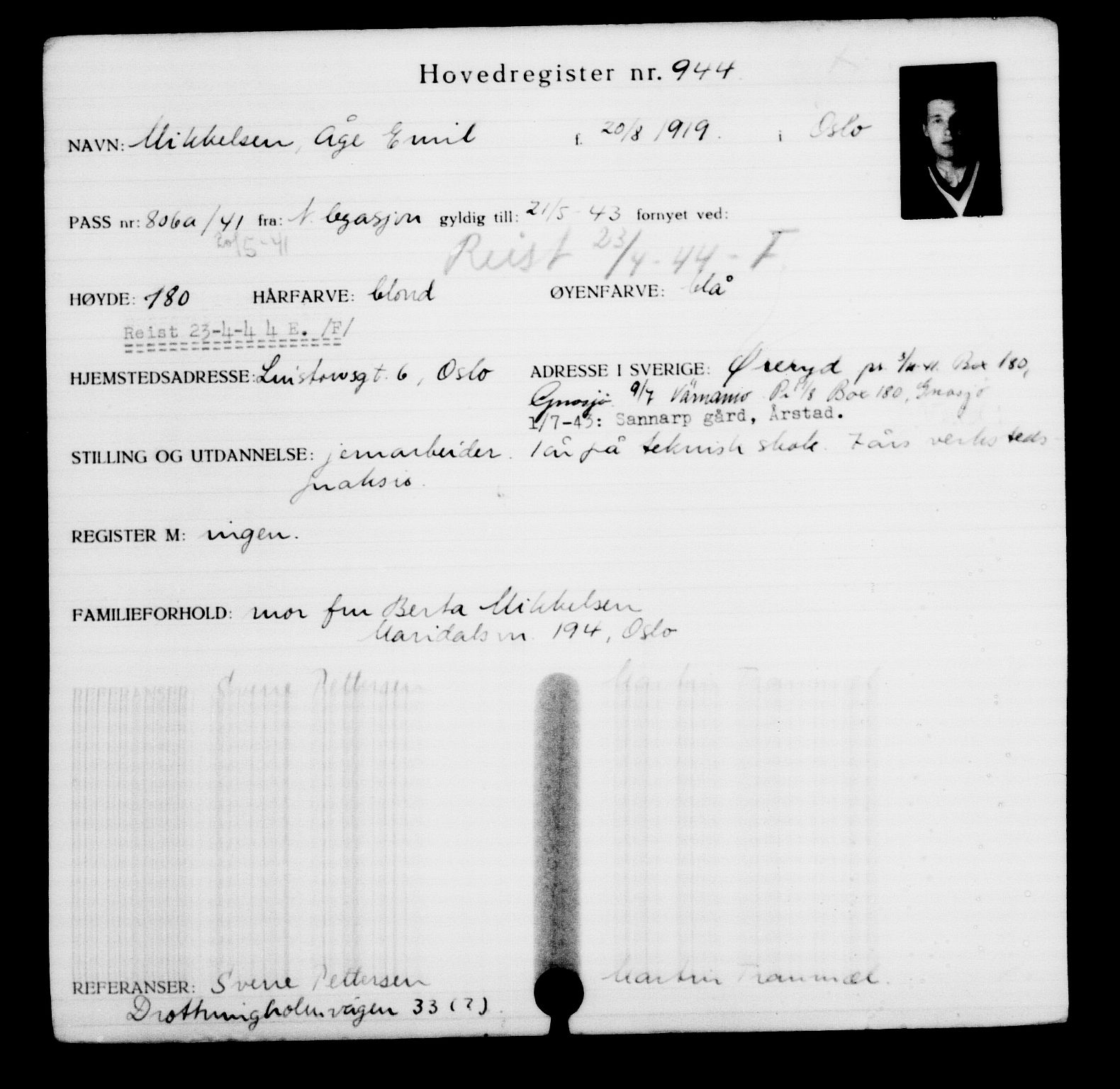 Utenriksstasjonene, Legasjonen i Stockholm, Flyktningkontoret, AV/RA-S-6753/V/Va/L0001: Kjesäterkartoteket, flyktninger med registreringsnr. 1-1000, 1940-1945, s. 1470