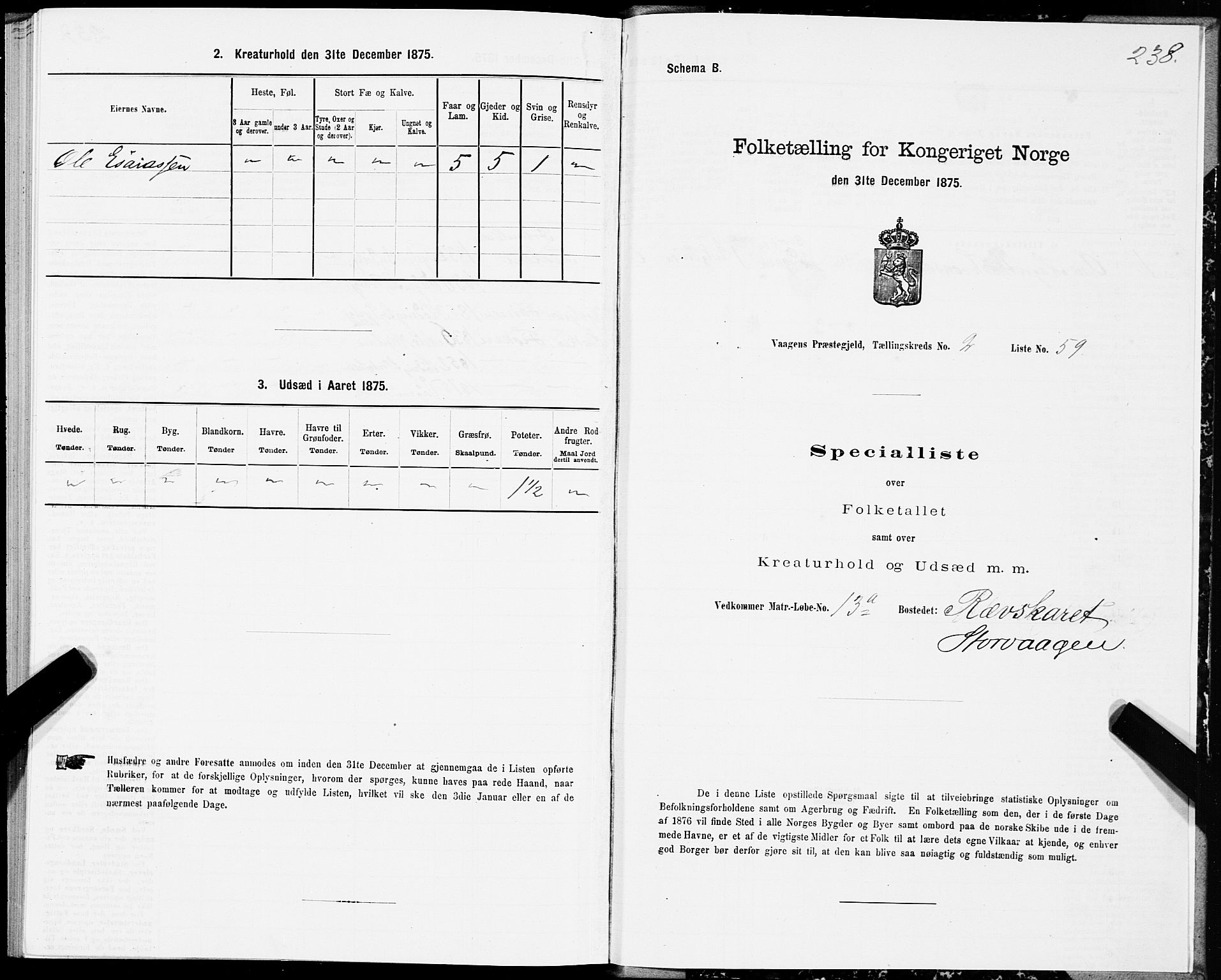 SAT, Folketelling 1875 for 1865P Vågan prestegjeld, 1875, s. 1238