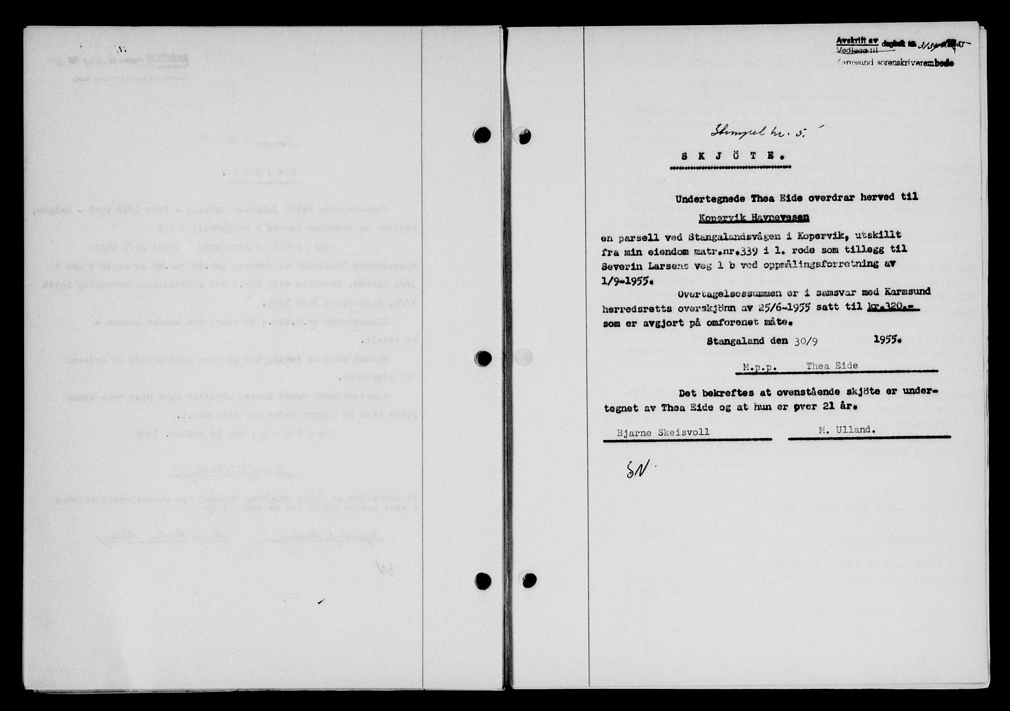 Karmsund sorenskriveri, SAST/A-100311/01/II/IIB/L0117: Pantebok nr. 97Aa, 1955-1955, Dagboknr: 3134/1955