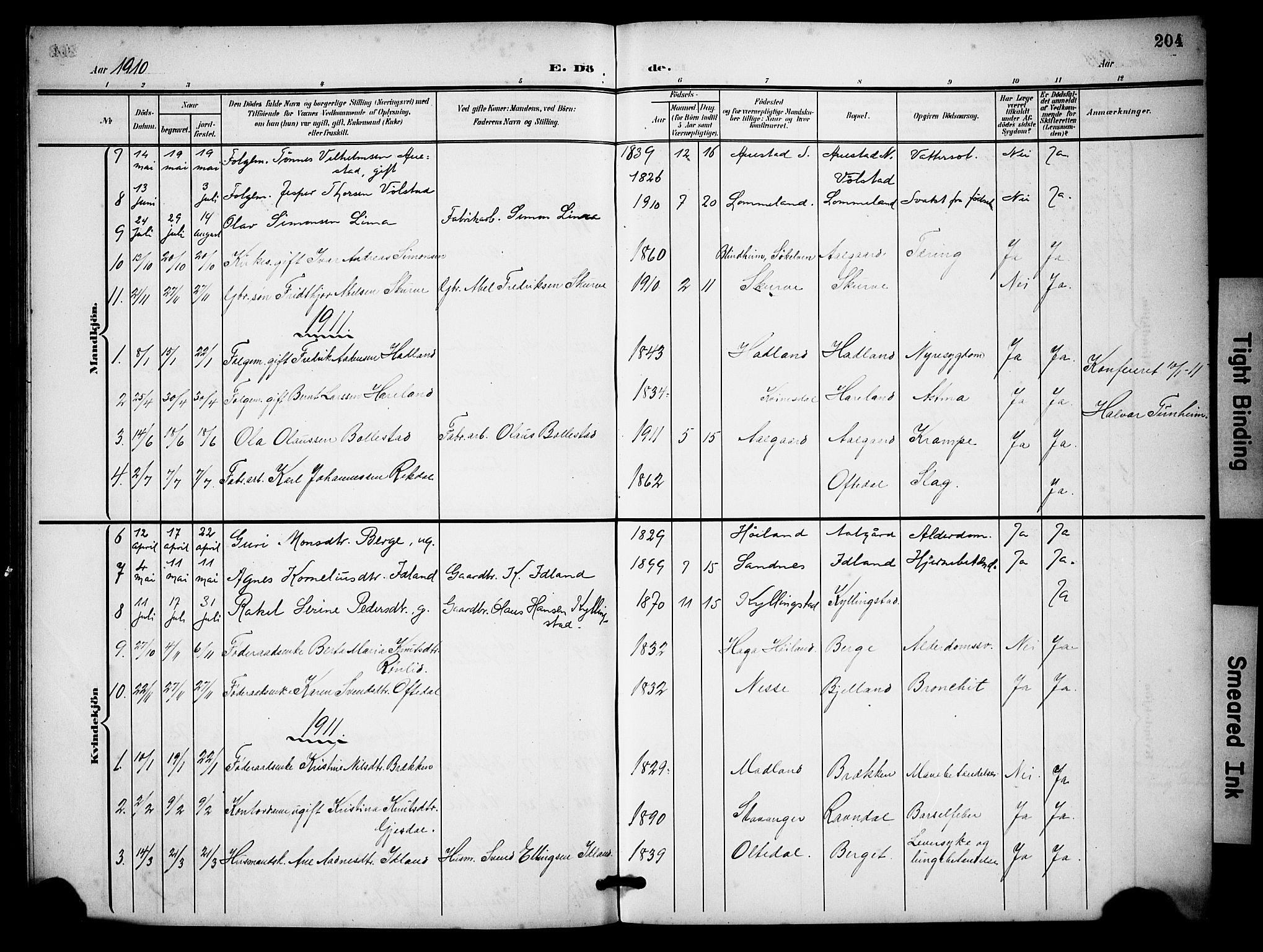 Lye sokneprestkontor, AV/SAST-A-101794/001/30BB/L0009: Klokkerbok nr. B 9, 1902-1923, s. 204
