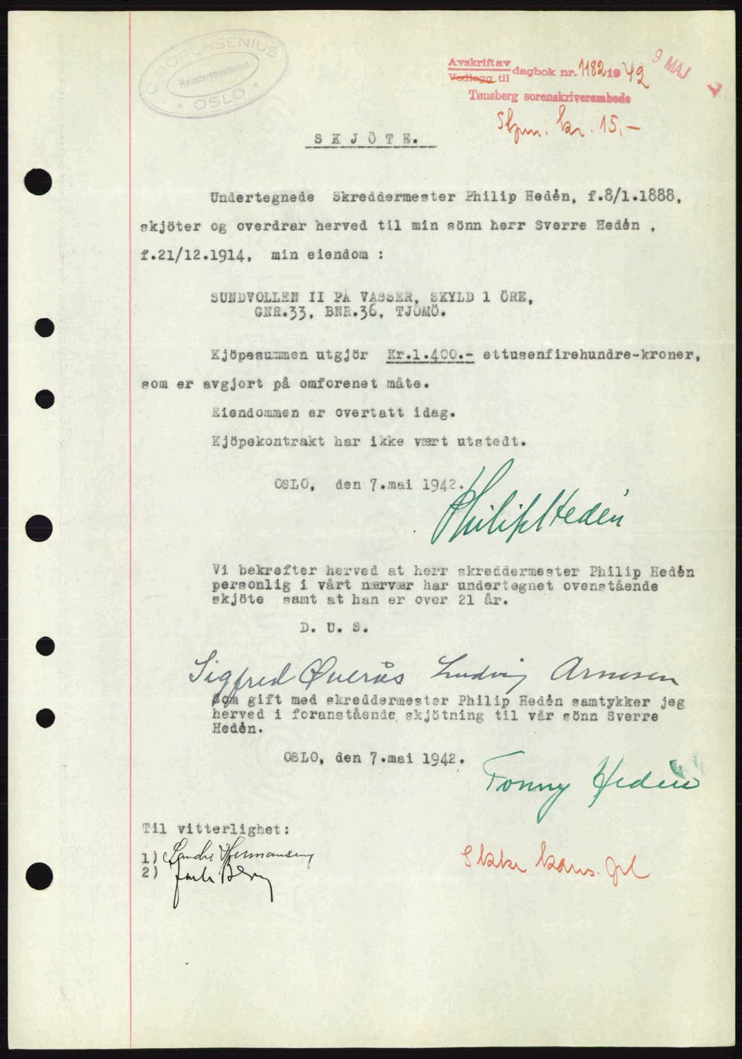 Tønsberg sorenskriveri, AV/SAKO-A-130/G/Ga/Gaa/L0011: Pantebok nr. A11, 1941-1942, Dagboknr: 1182/1942