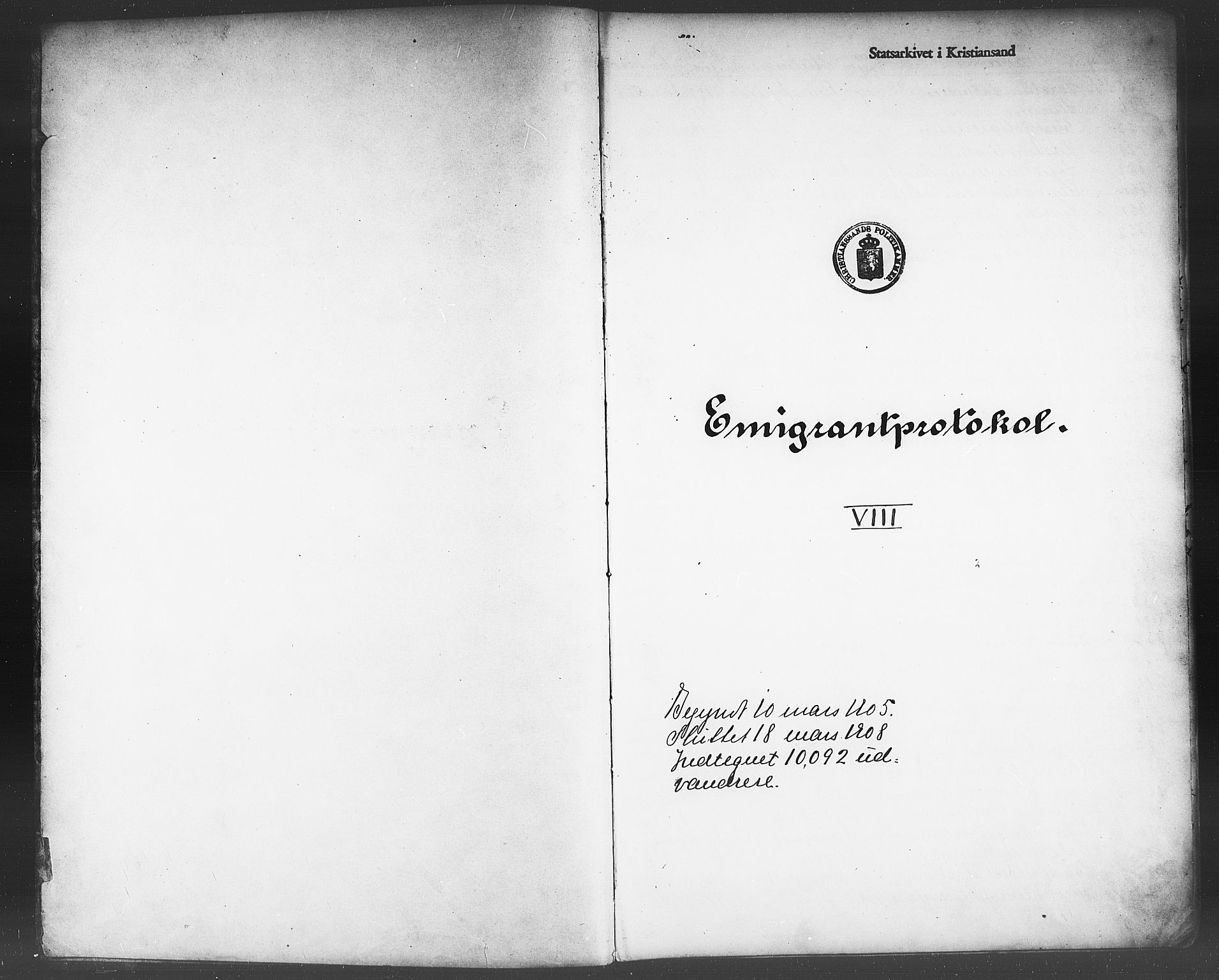 Kristiansand politikammer, SAK/1243-0004/K/Kb/L0244: Emigrantprotokoll, 1905-1908, s. 1
