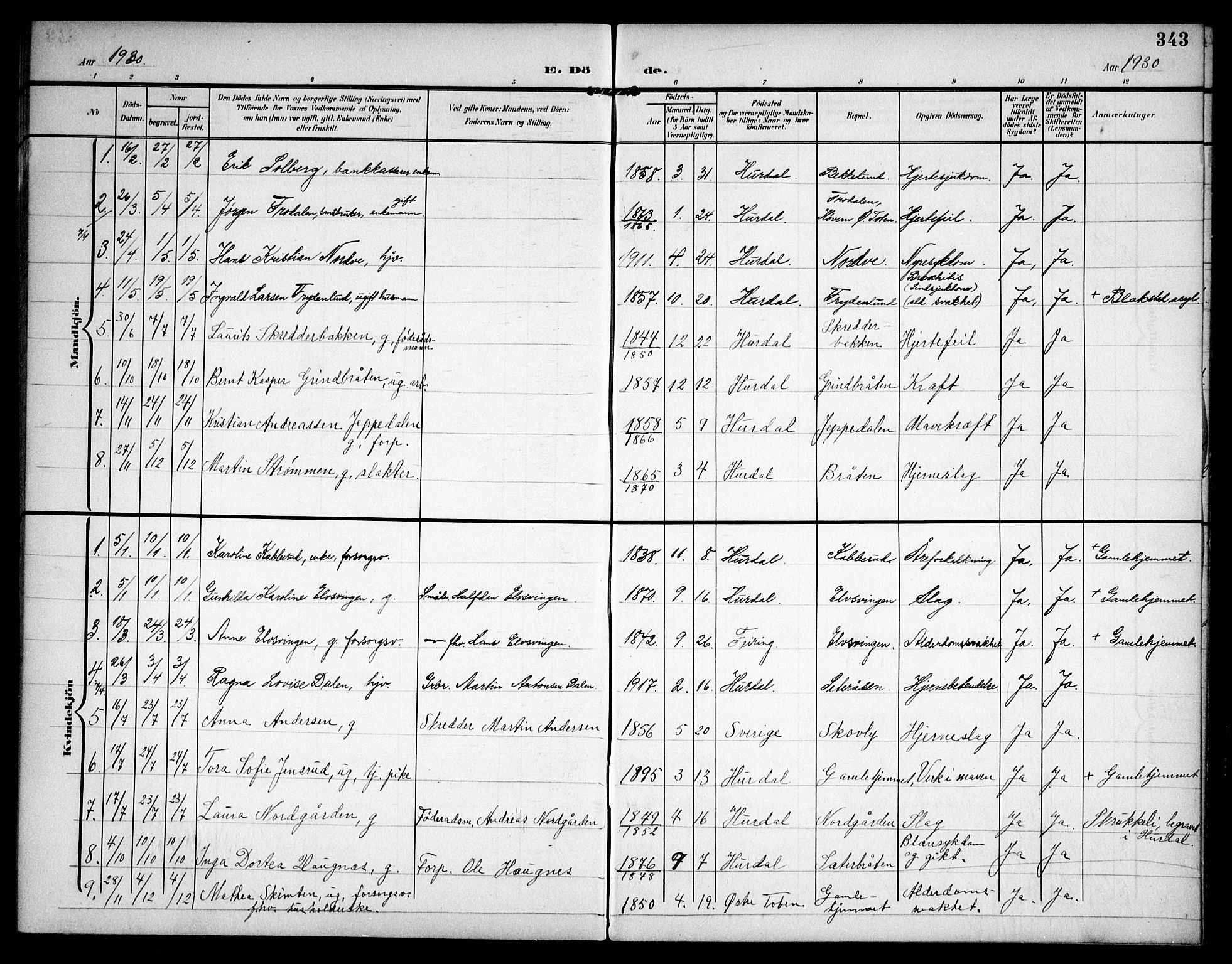 Hurdal prestekontor Kirkebøker, AV/SAO-A-10889/G/Ga/L0001: Klokkerbok nr. I 1, 1902-1934, s. 343