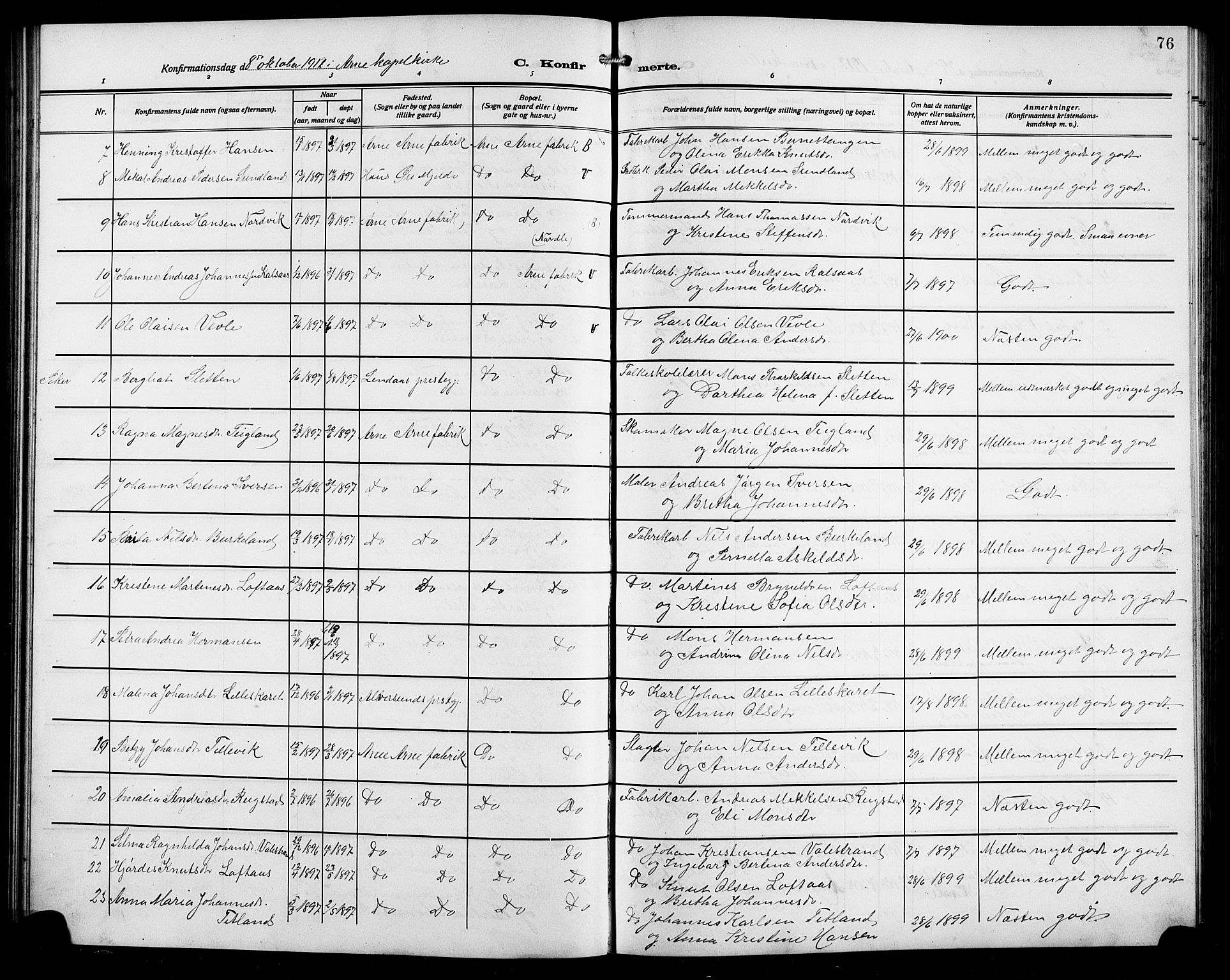 Arna sokneprestembete, AV/SAB-A-74001/H/Ha/Hab: Klokkerbok nr. A 5, 1911-1921, s. 76