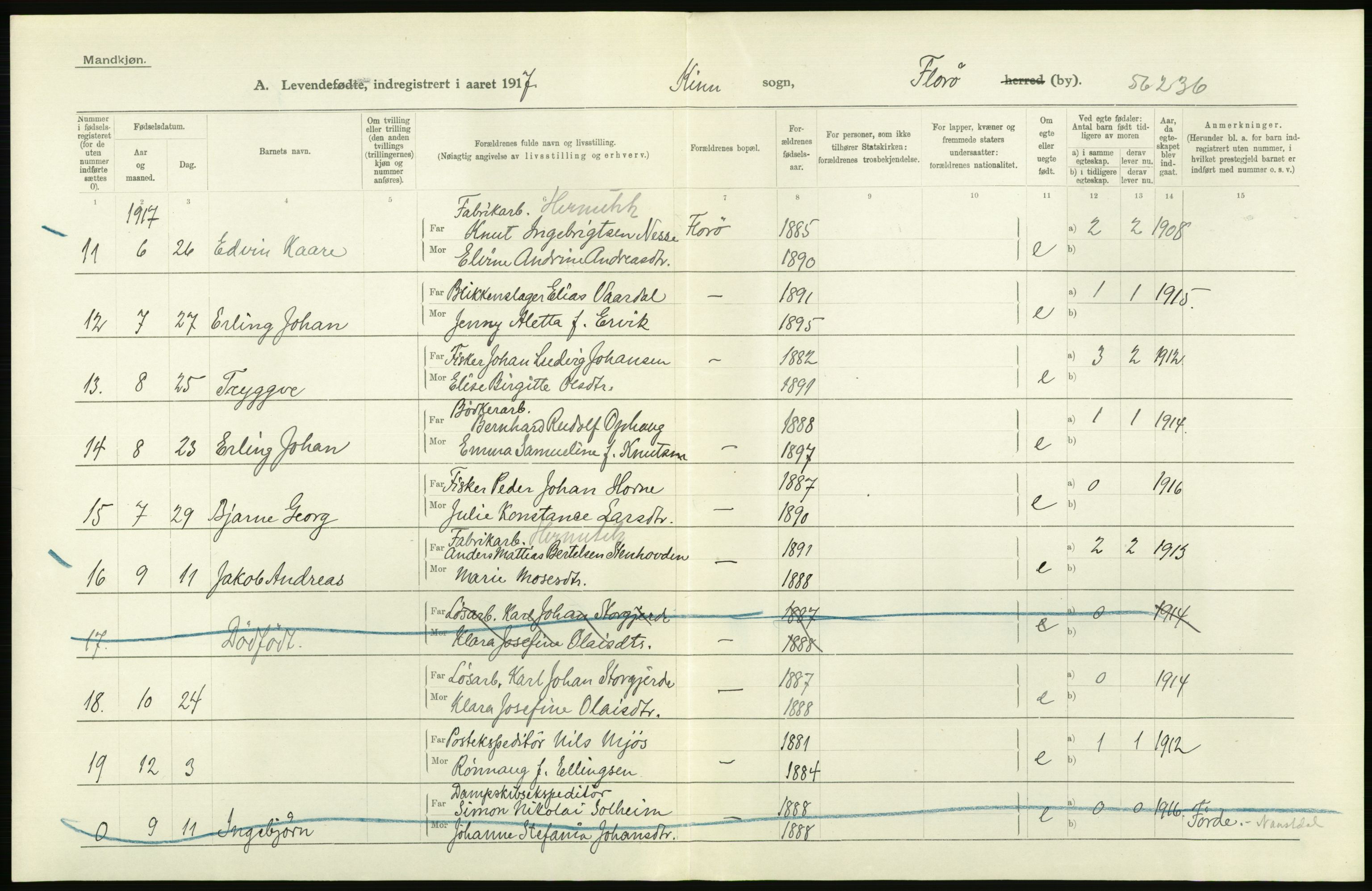 Statistisk sentralbyrå, Sosiodemografiske emner, Befolkning, AV/RA-S-2228/D/Df/Dfb/Dfbg/L0041: Florø by: Levendefødte menn og kvinner, gifte, døde, dødfødte., 1917, s. 4