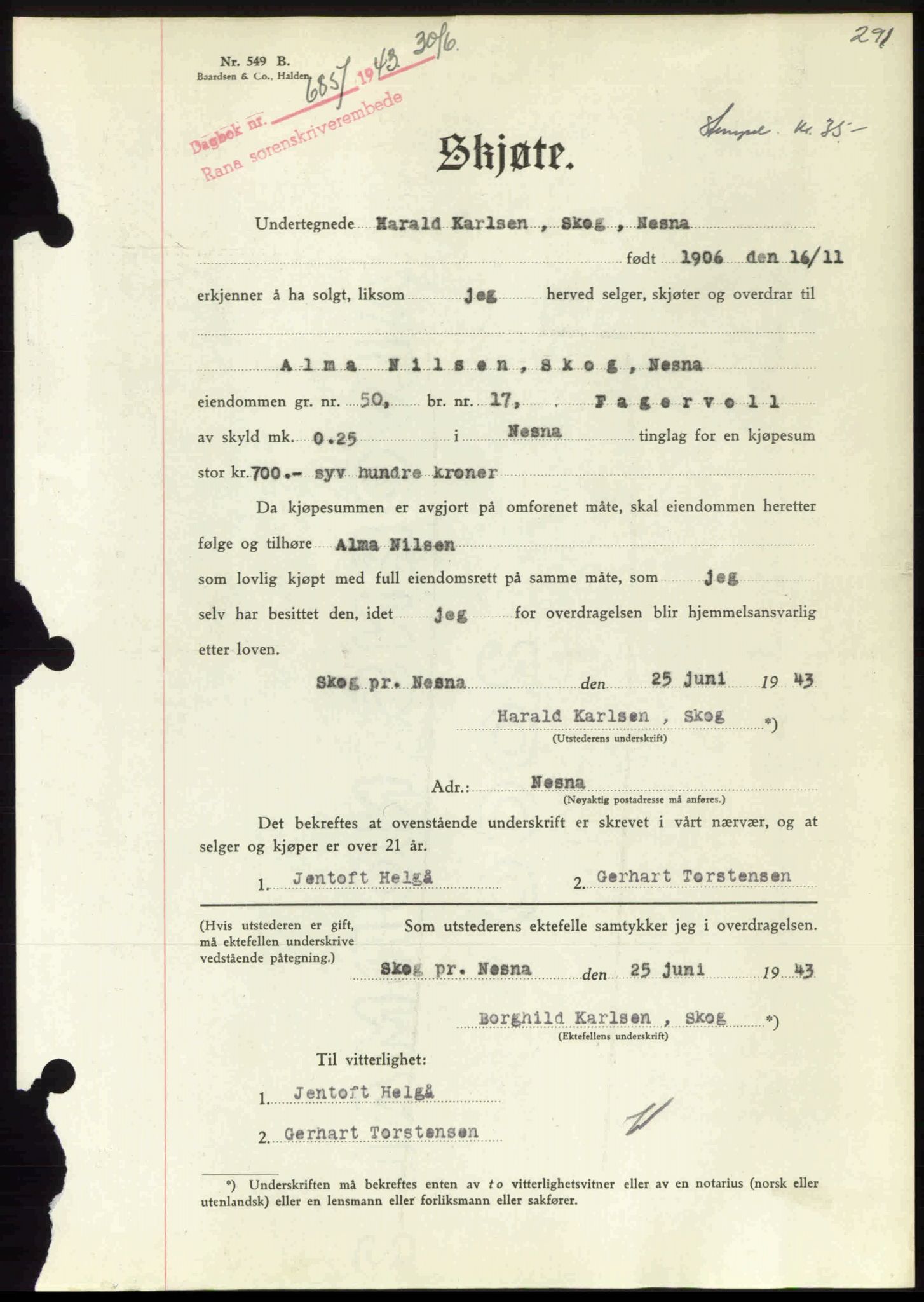 Rana sorenskriveri , SAT/A-1108/1/2/2C: Pantebok nr. A 10, 1942-1943, Dagboknr: 685/1943