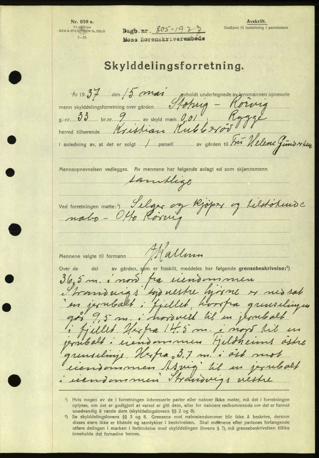 Moss sorenskriveri, SAO/A-10168: Pantebok nr. A2, 1936-1937, Dagboknr: 805/1937