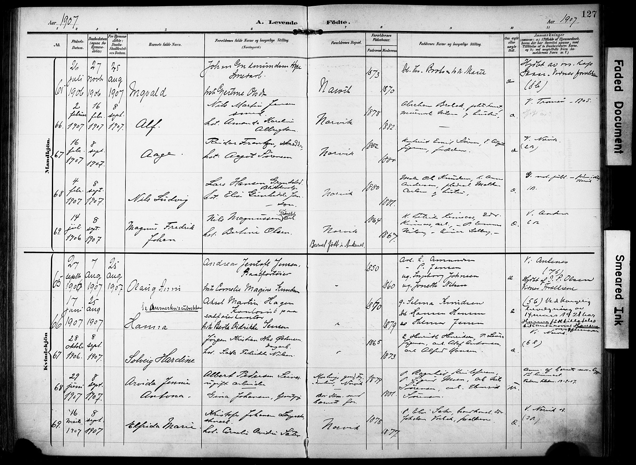 Ministerialprotokoller, klokkerbøker og fødselsregistre - Nordland, SAT/A-1459/871/L0994: Ministerialbok nr. 871A10, 1902-1910, s. 127