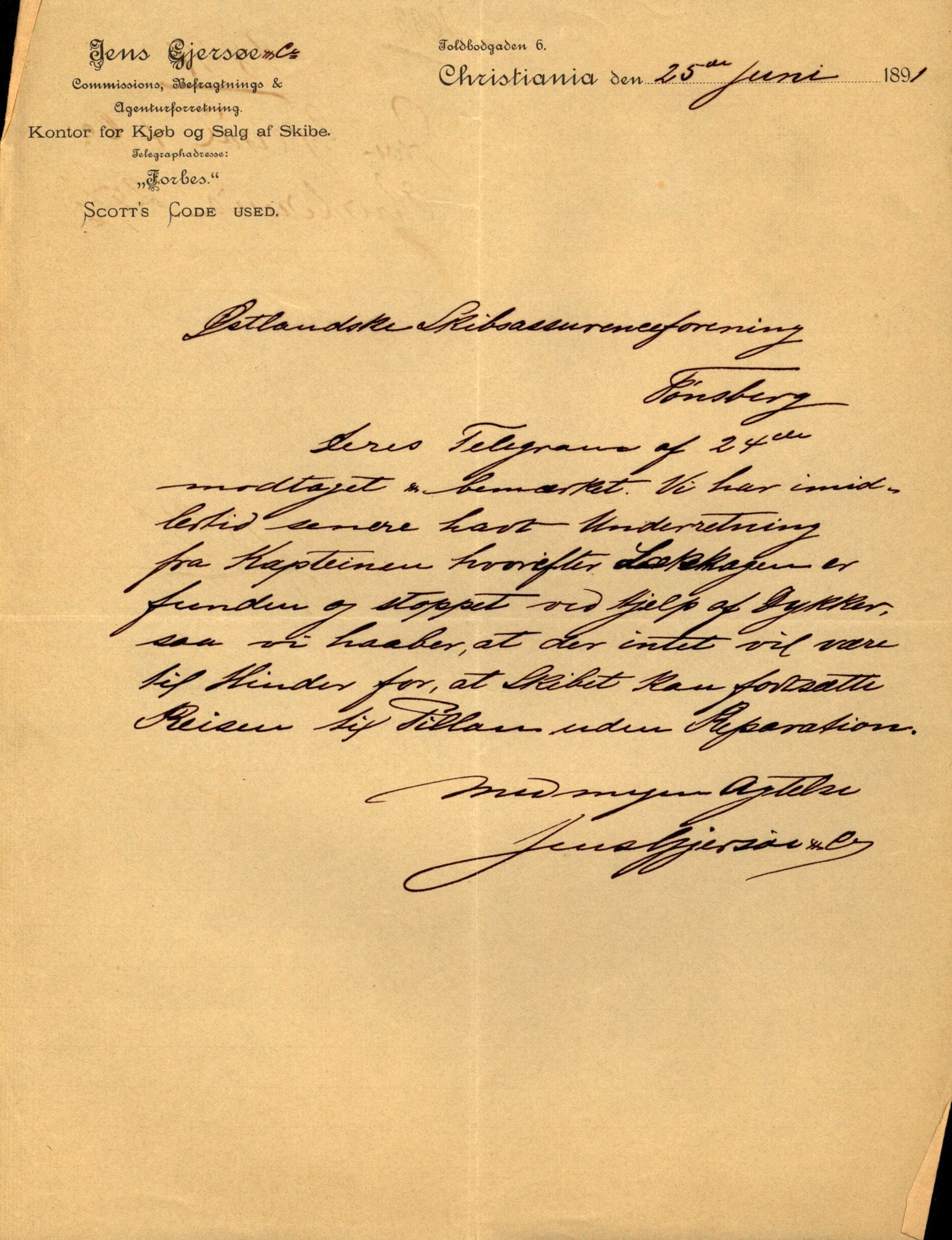 Pa 63 - Østlandske skibsassuranceforening, VEMU/A-1079/G/Ga/L0028/0005: Havaridokumenter / Tjømø, Magnolia, Caroline, Olaf, Stjernen, 1892, s. 45