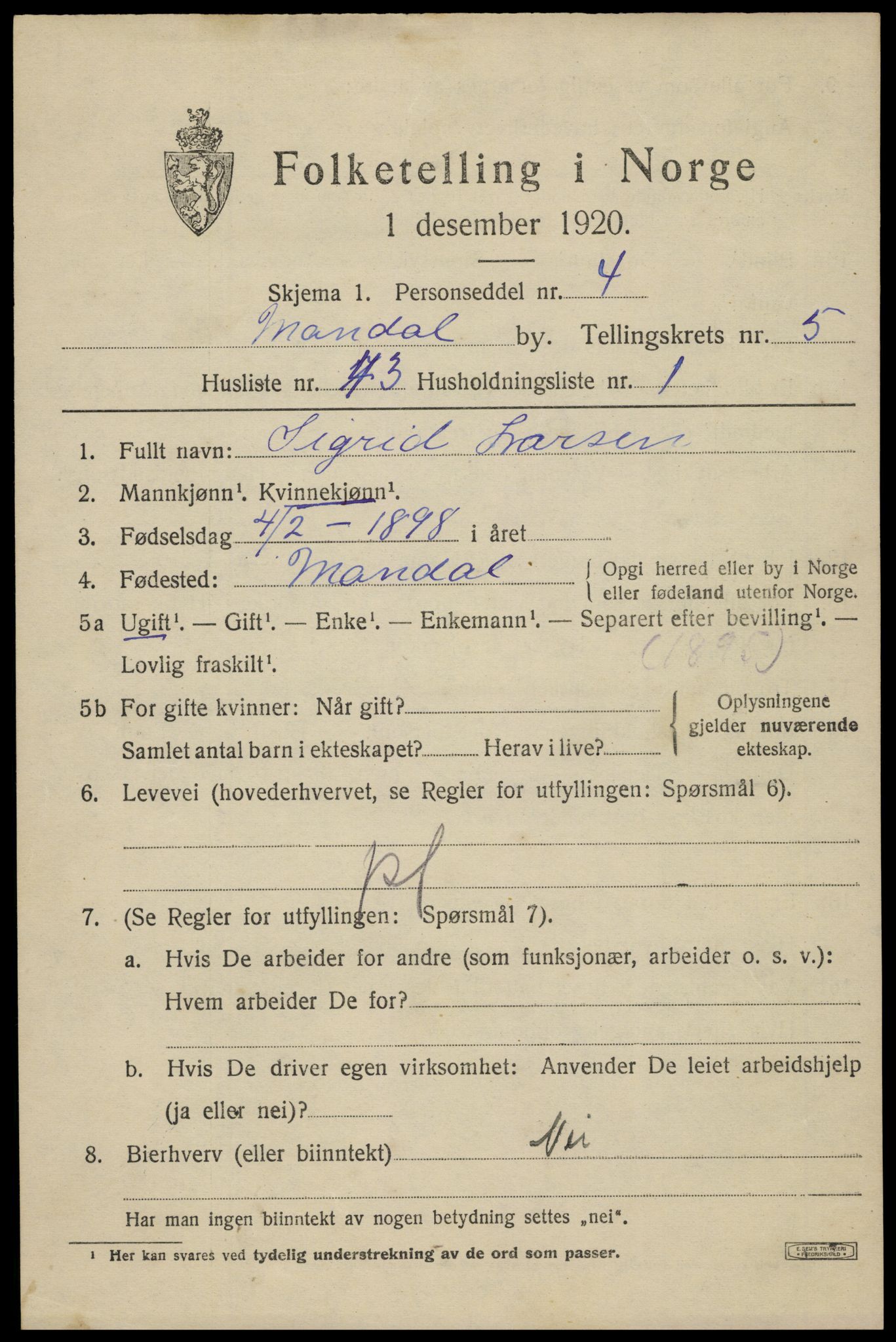 SAK, Folketelling 1920 for 1002 Mandal ladested, 1920, s. 8579
