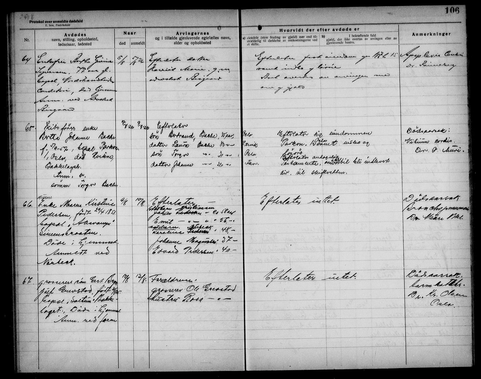 Aker kriminaldommer, skifte- og auksjonsforvalterembete, AV/SAO-A-10452/H/Hb/Hba/Hbad/L0001: Dødsfallsprotokoll for Nordstrand, 1922-1929, s. 106