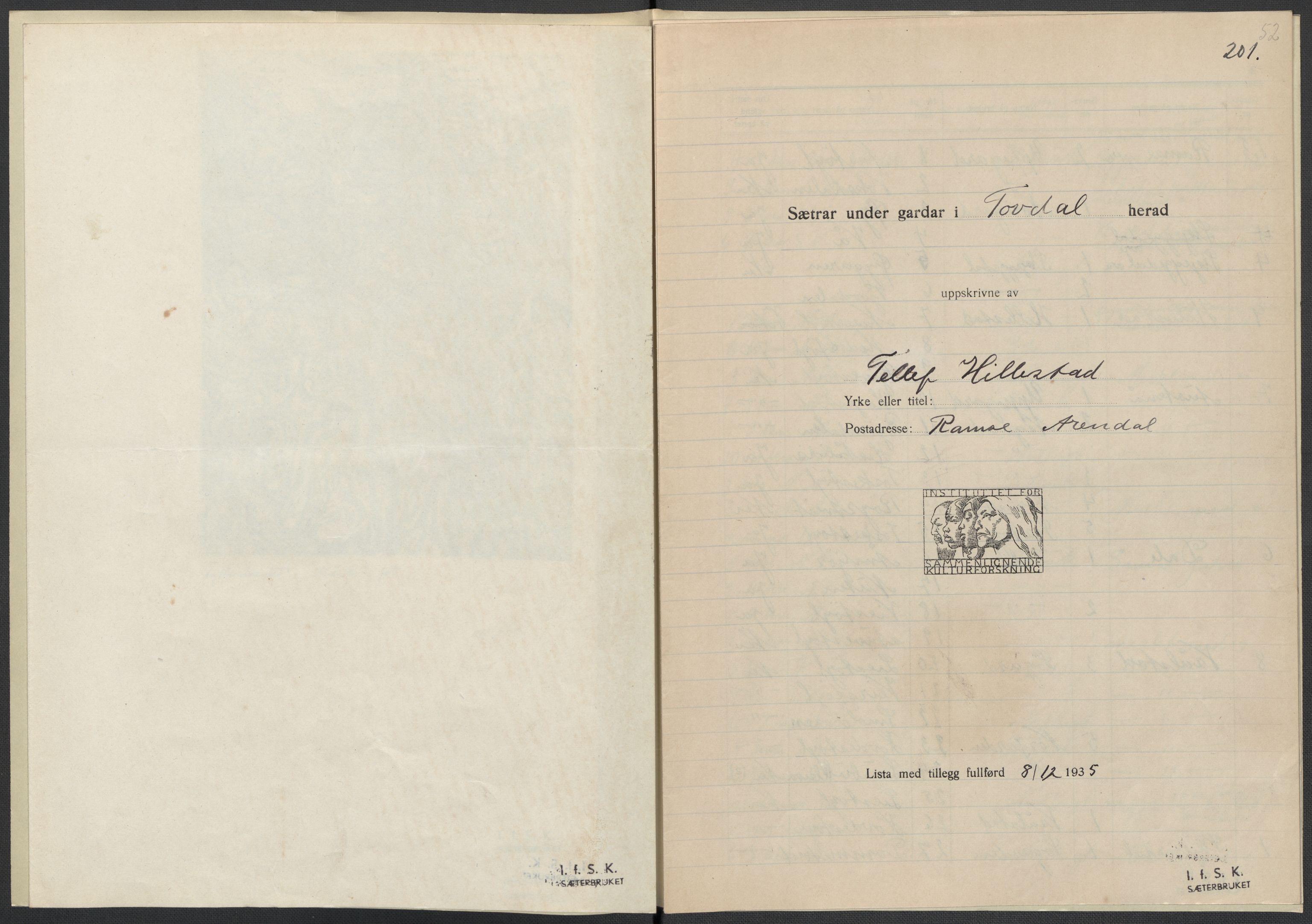 Instituttet for sammenlignende kulturforskning, RA/PA-0424/F/Fc/L0008/0001: Eske B8: / Aust-Agder (perm XIX), 1932-1938, s. 52