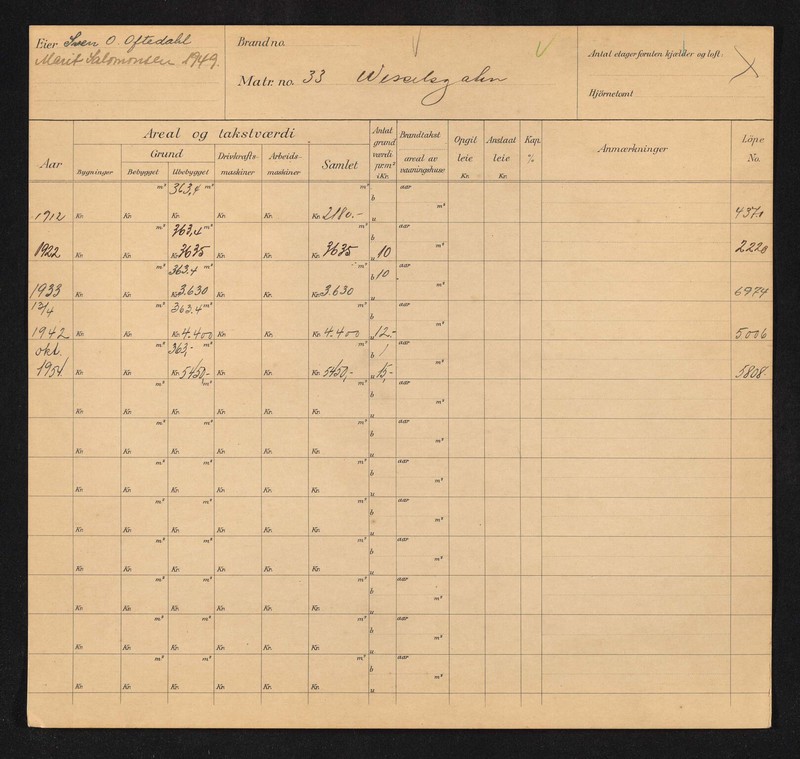 Stavanger kommune. Skattetakstvesenet, BYST/A-0440/F/Fa/Faa/L0046/0003: Skattetakstkort / Wessels gate 32 - 84